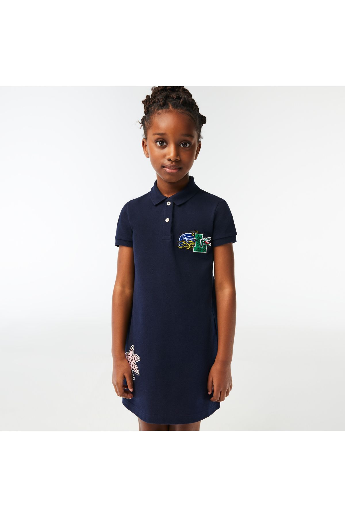 Lacoste Holiday Kız Çocuk Kısa Kollu Polo Yaka Baskılı Organik Pamuk Lacivert Elbise