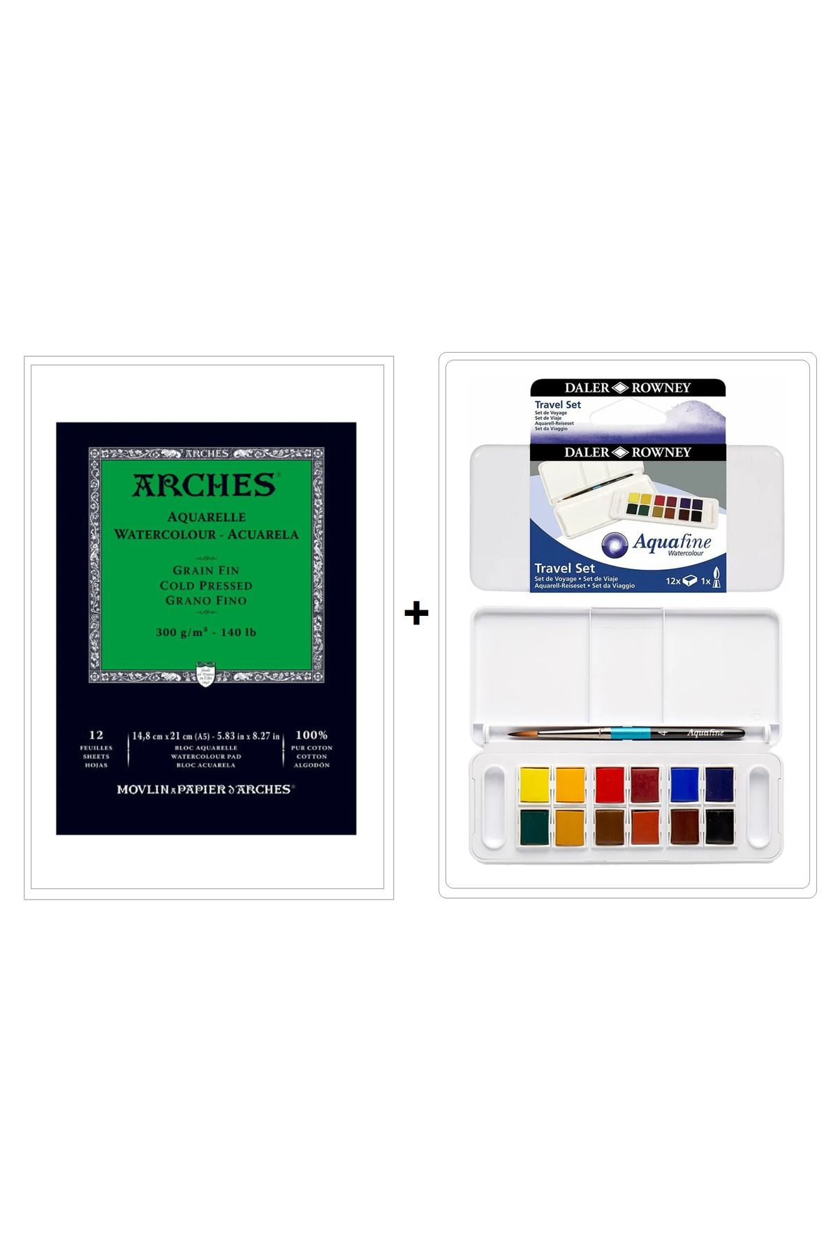 Arches 300 Gr. A5 Cold Press 12 Yaprak Blok + Aquafine 12'Li Tablet Suluboya Seti
