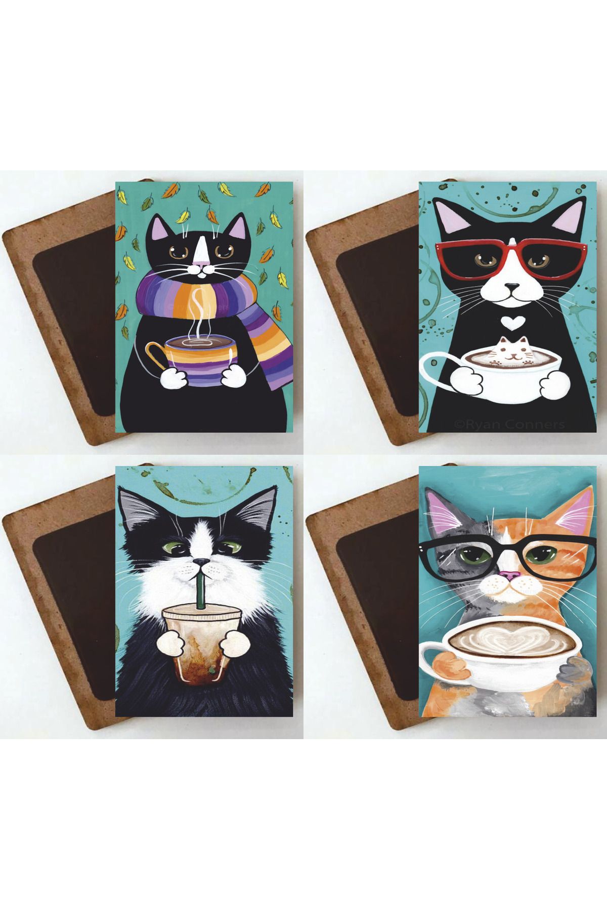 Hayat Poster kahve içen kediler 4lü ahşap magnet buzdolabı süsü seti