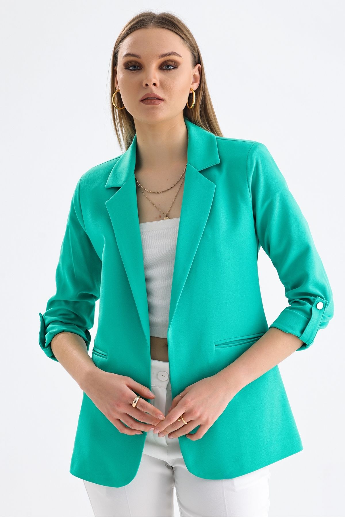 MD trend Kadın Kolu Katlanabilir Omuz Vatkalı Astarlı Kruvaze Blazer Ceket
