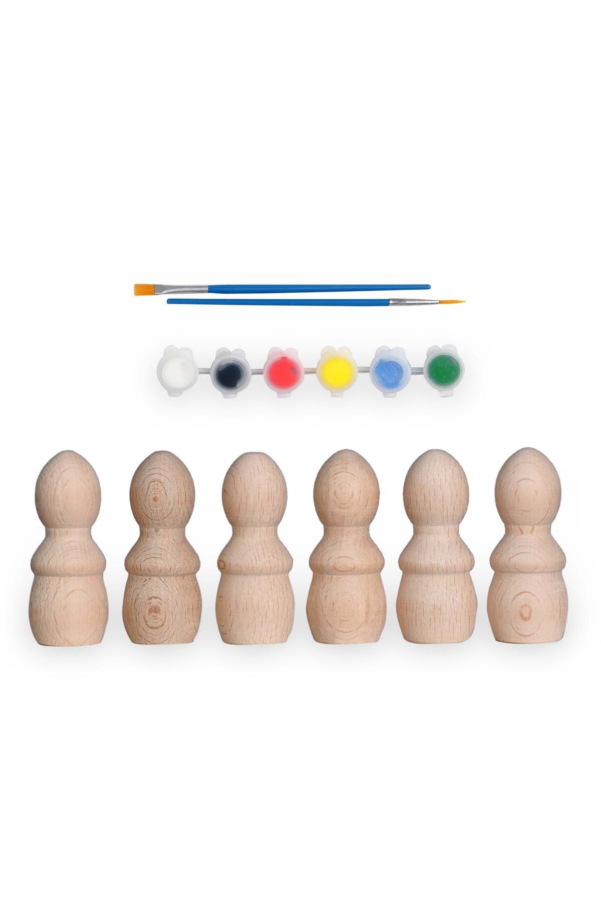 ALGWOOD Montessori Toys Ahşap El Yapımı Peg Bebek 6'lı Boyama Seti Fırça Boya Dahil -peg10-9,5cm