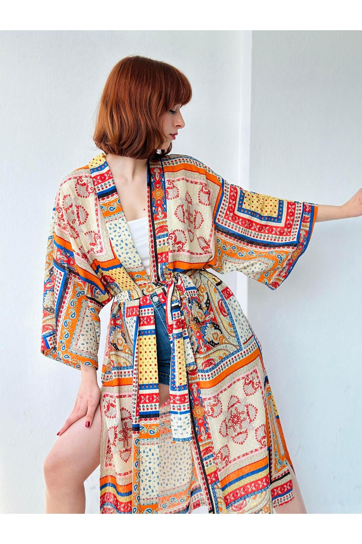 Retrobird Patchwork Desen Uzun Kimono Kadın Çok Renkli