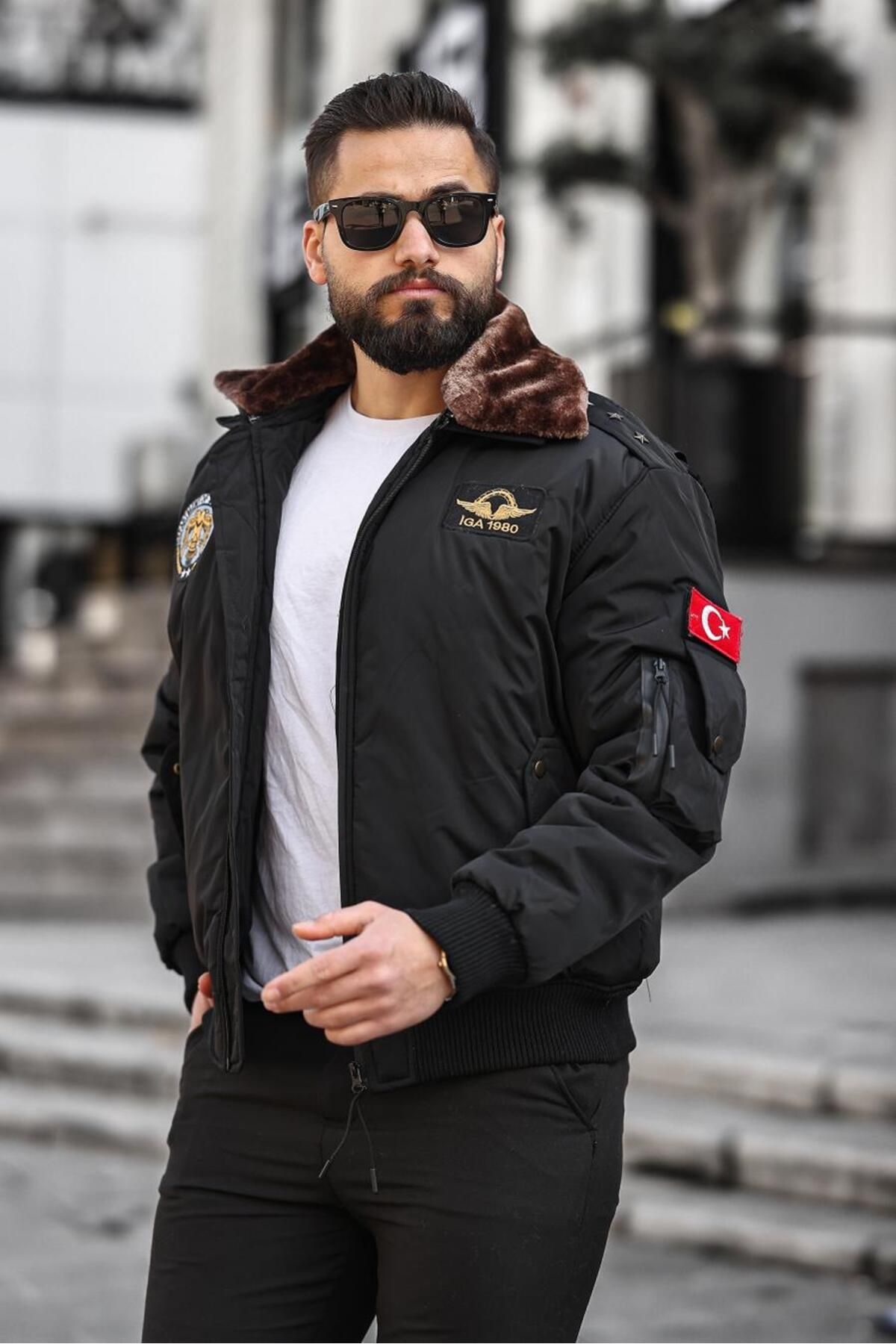 RHONES Yakası Kürklü Apoletli Erkek Pilot Mont
