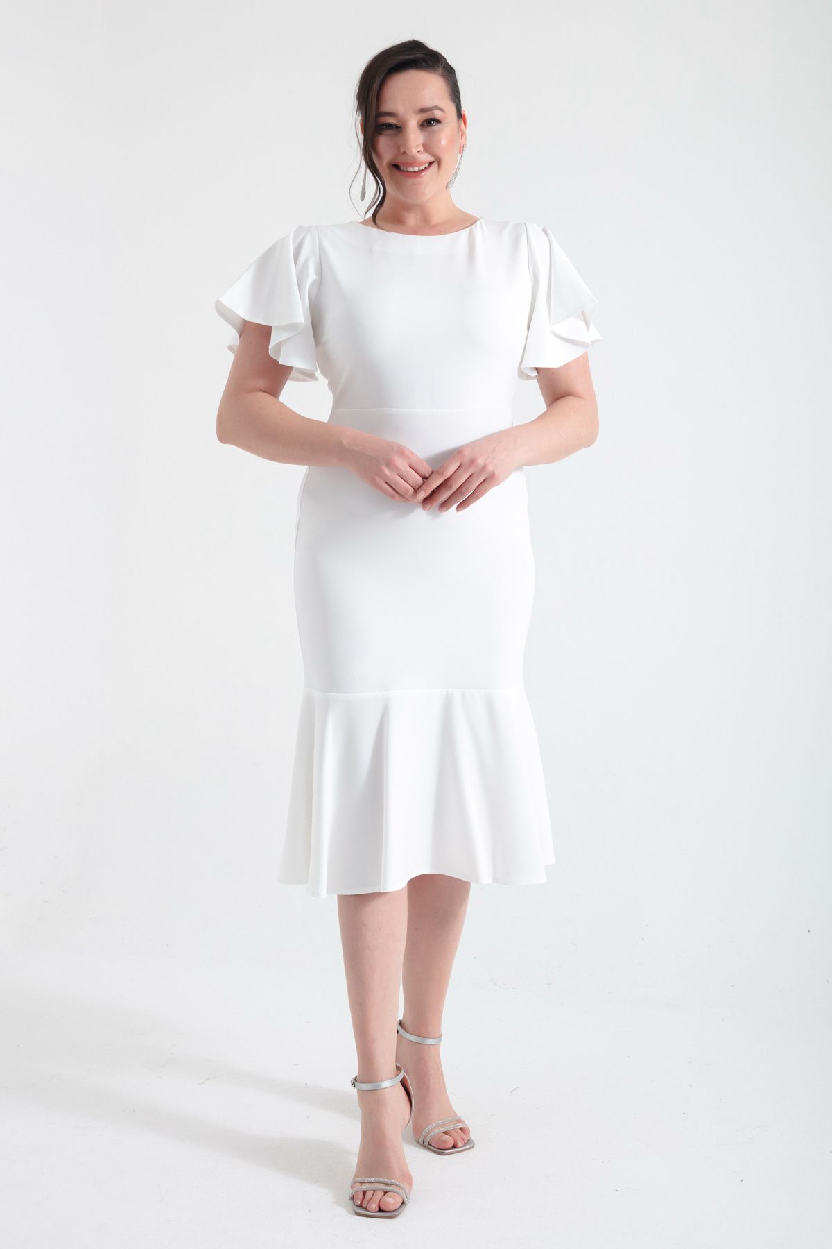 OFZE Kadın Beyaz Büyük Beden Volanlı Elbise
