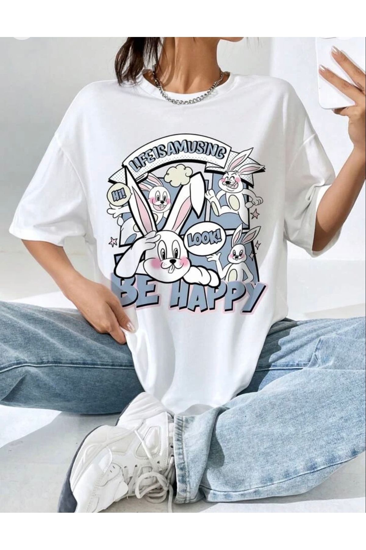 OLCMODA Kadın-Beyaz Be Happy Cartoon Sırt Baskılı Organik Pamuklu Oversize / Geniş Kesim T-shirt
