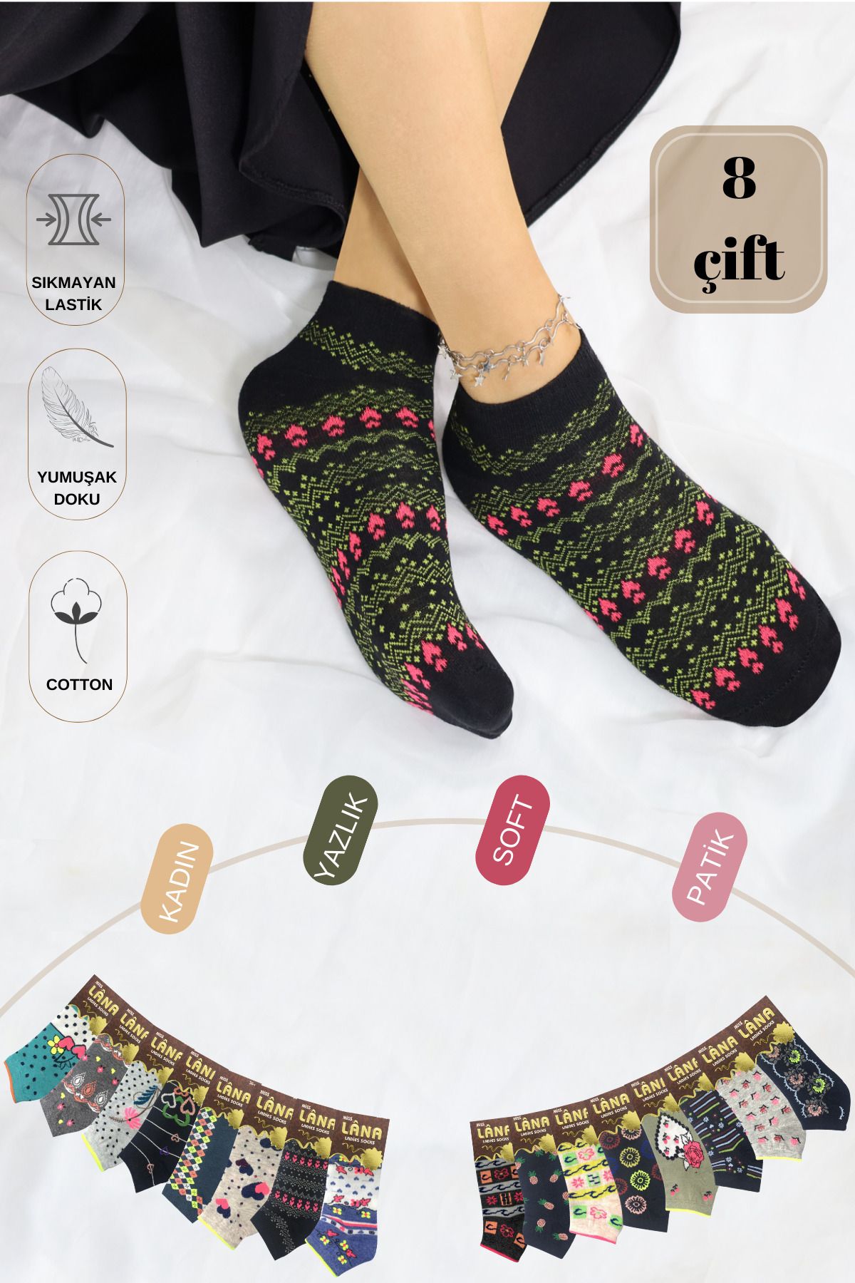 KRAL SOCKS Yazlık Penye - Kadın Patik Çorap 8'li (8 Adet) Parfümlü Desenli