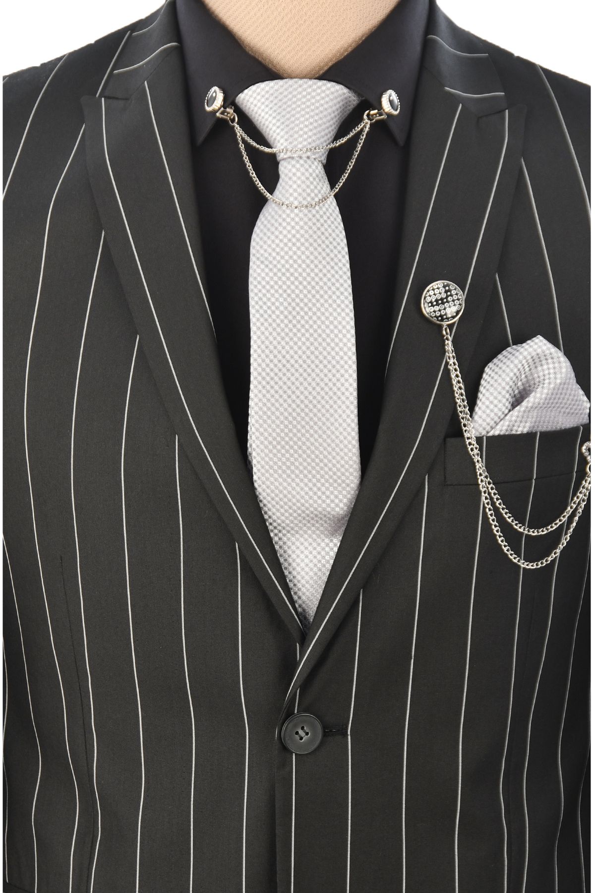 DeepSea Siyah Çift Düğme Çift Yırtmaç Çizgi Desenli 2'li Takım Elbise 2303029