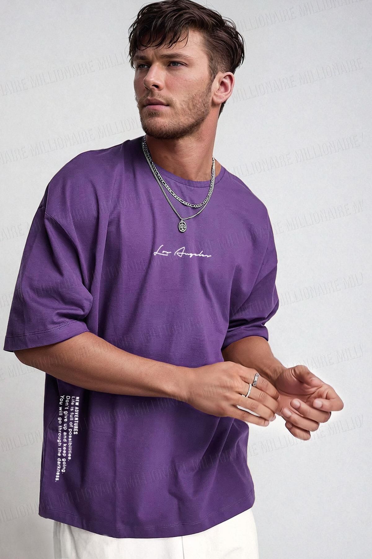 Teenage Millionaire Erkek Los Angeles Yan Baskı Detaylı Mor Bisiklet Yaka Oversize Salas T-Shirt