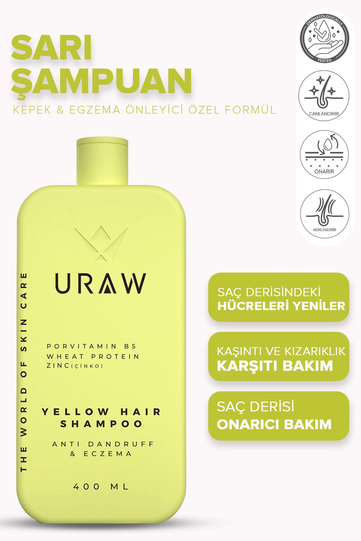 Uraw Yellow Shampoo ( Kaşıntı, Kepek Karşıtı Saç Ve Deri Onarımı Bakım Şampuanı ) ( 400 ml )
