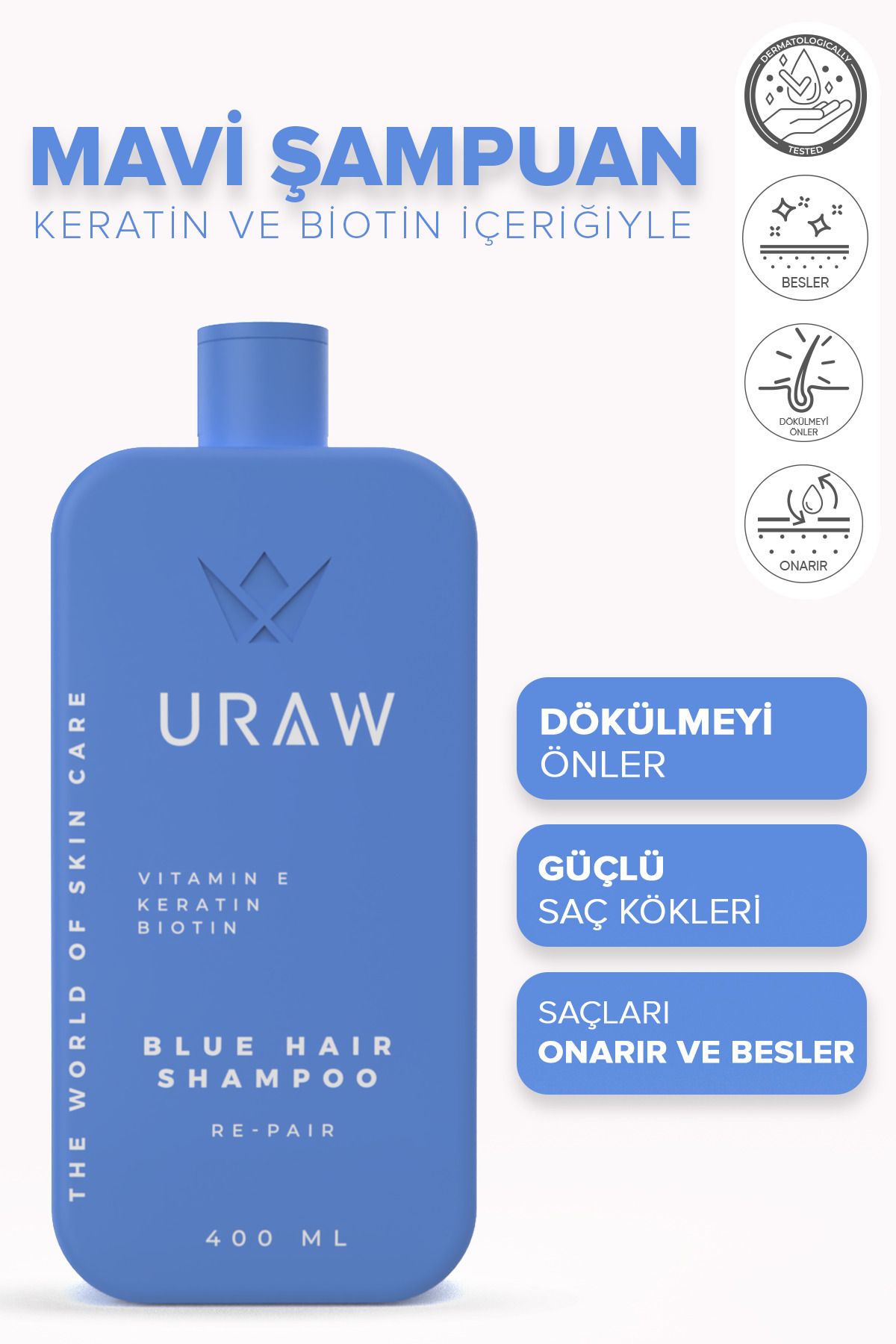 Uraw Blue Shampoo ( Yeni Şaç Oluşumu Ve Güçlü Kökler İçin Özel Geliştirilmiş Şampuan)(400 ML)