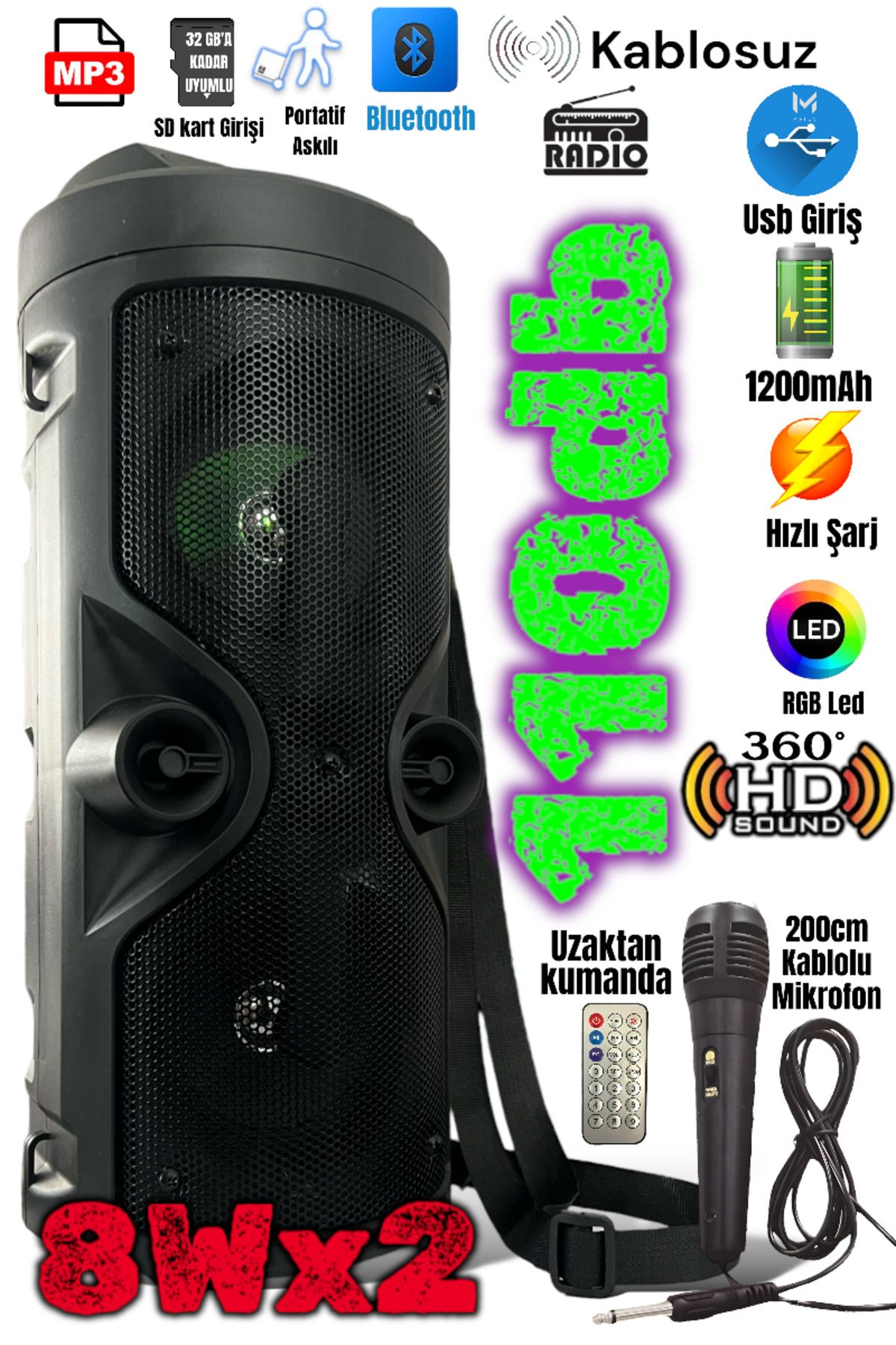 MATEO Bluetooth Hoparlör Parti Hoparlörü Karaoke Mikrofon Kumanda Işıklı Ses Bombası Radyo Usb Sd Girişli