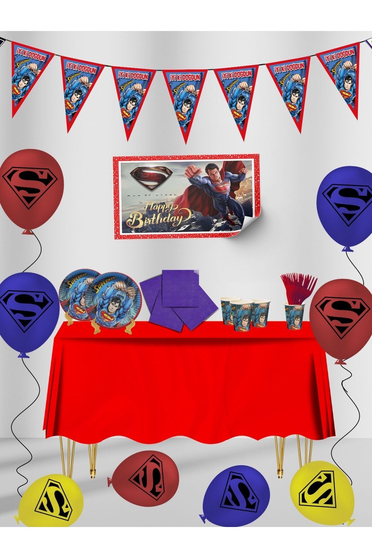Superman Çelik Adam Afişli 24 Kişilik Doğum Günü Parti Malzemeleri Süsleri Seti Lxst