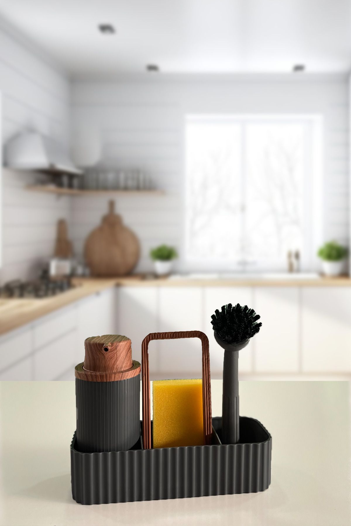 BİLTAŞ PLASTİK Milena Siyah Ahşap Kapaklı Fırçalı Mutfak Seti Sıvı Sabunluk Fırçalık Süngerlik & Bez Askılığı