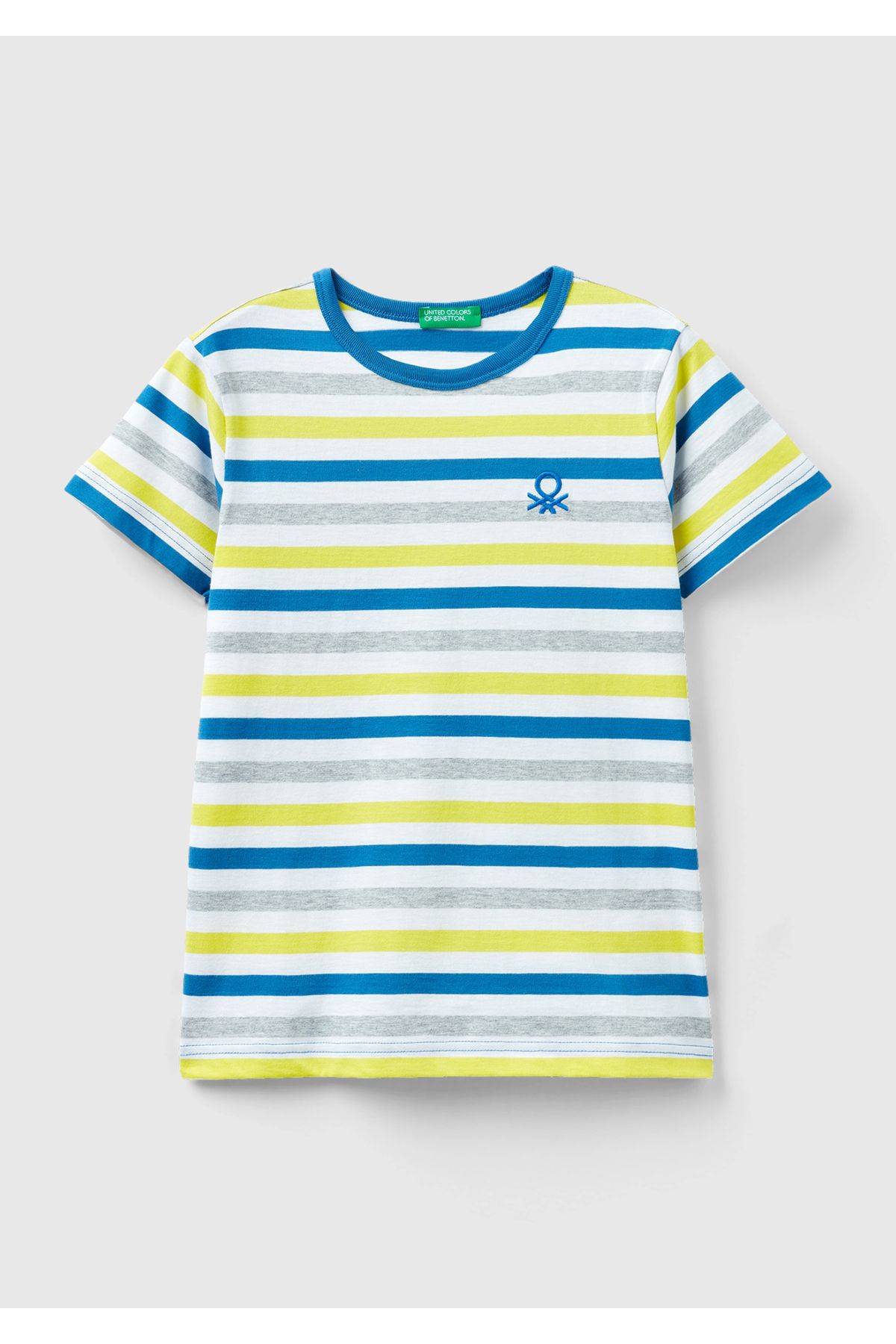 United Colors of Benetton Erkek Çocuk Mavi Mix Logo İşlemeli Yatay Çizgili Bisiklet Yaka Tişört