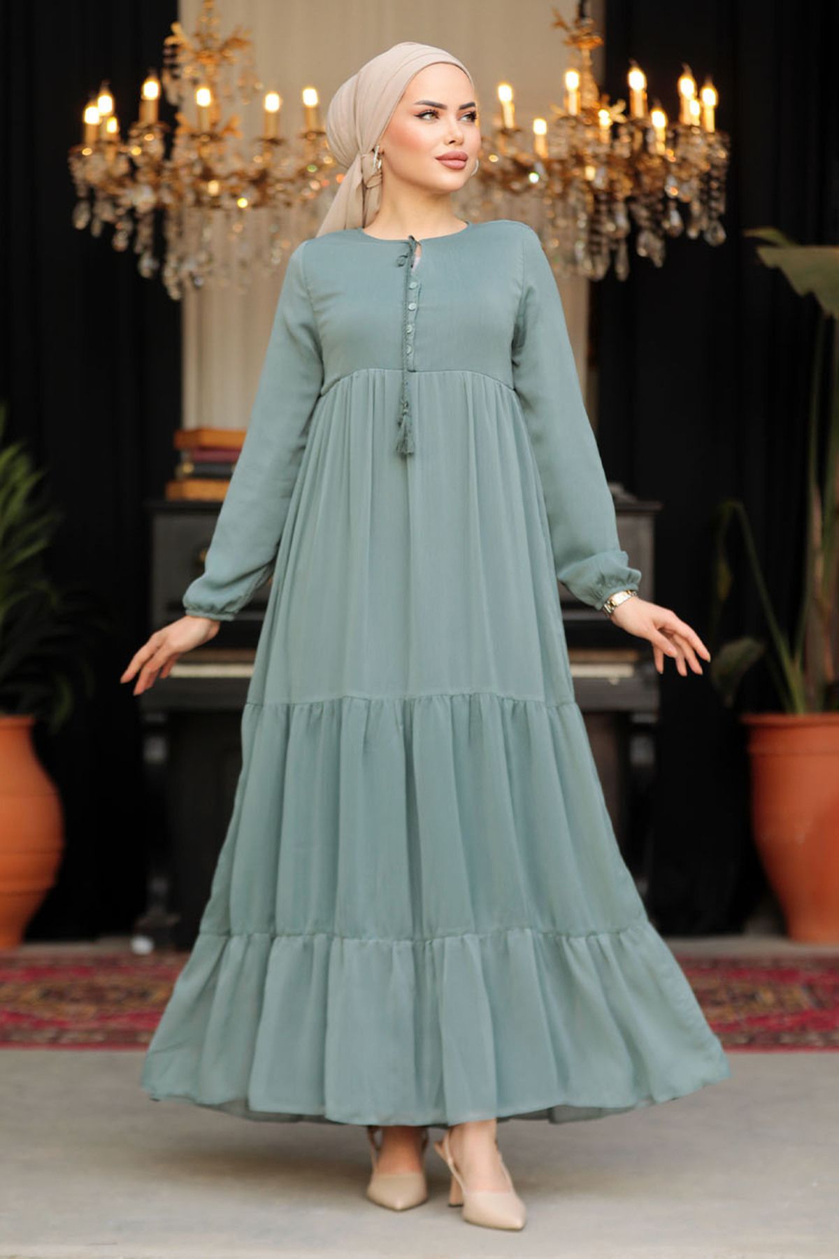 Neva Style Kat Piliseli Çağla Yeşili Tesettür Elbise 22051CY