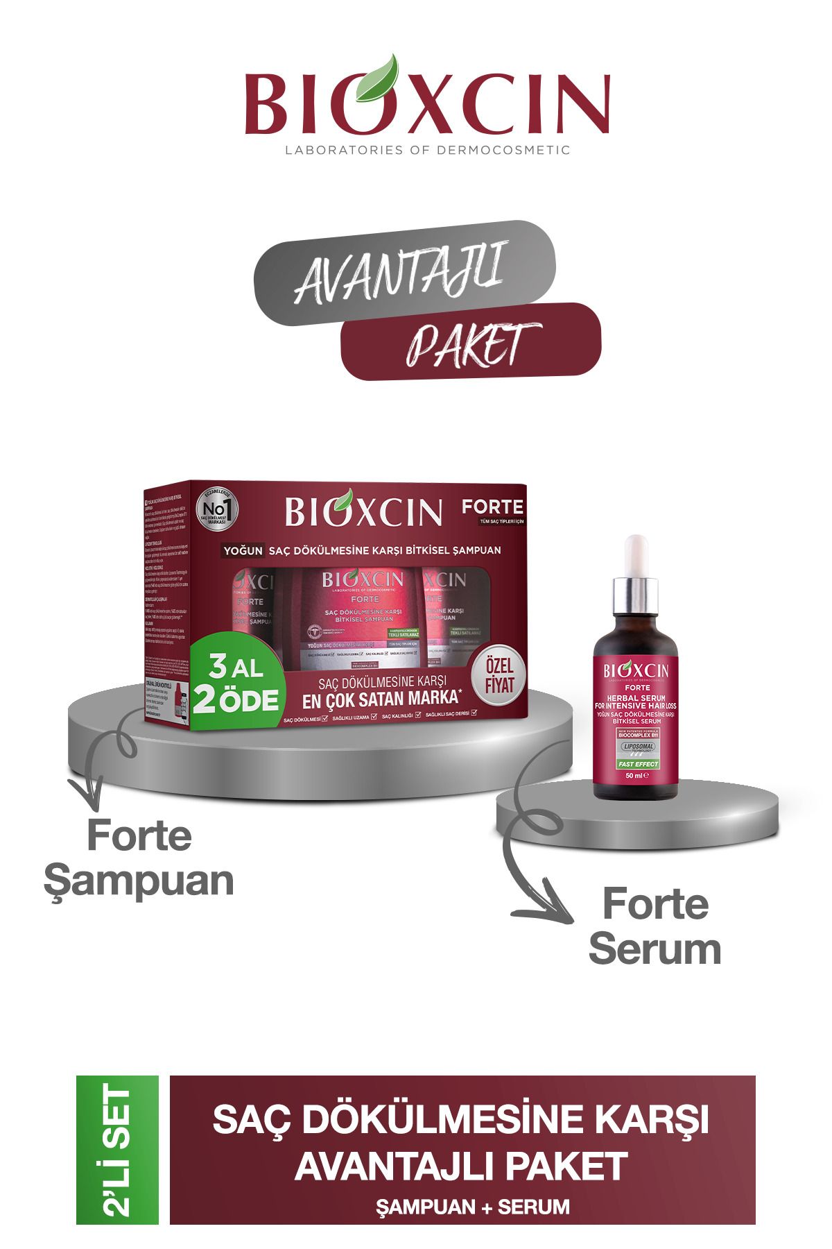 Bioxcin Forte Şampuan 3 adet 300 ml şampuan + Forte serum 50 ml 1 adet