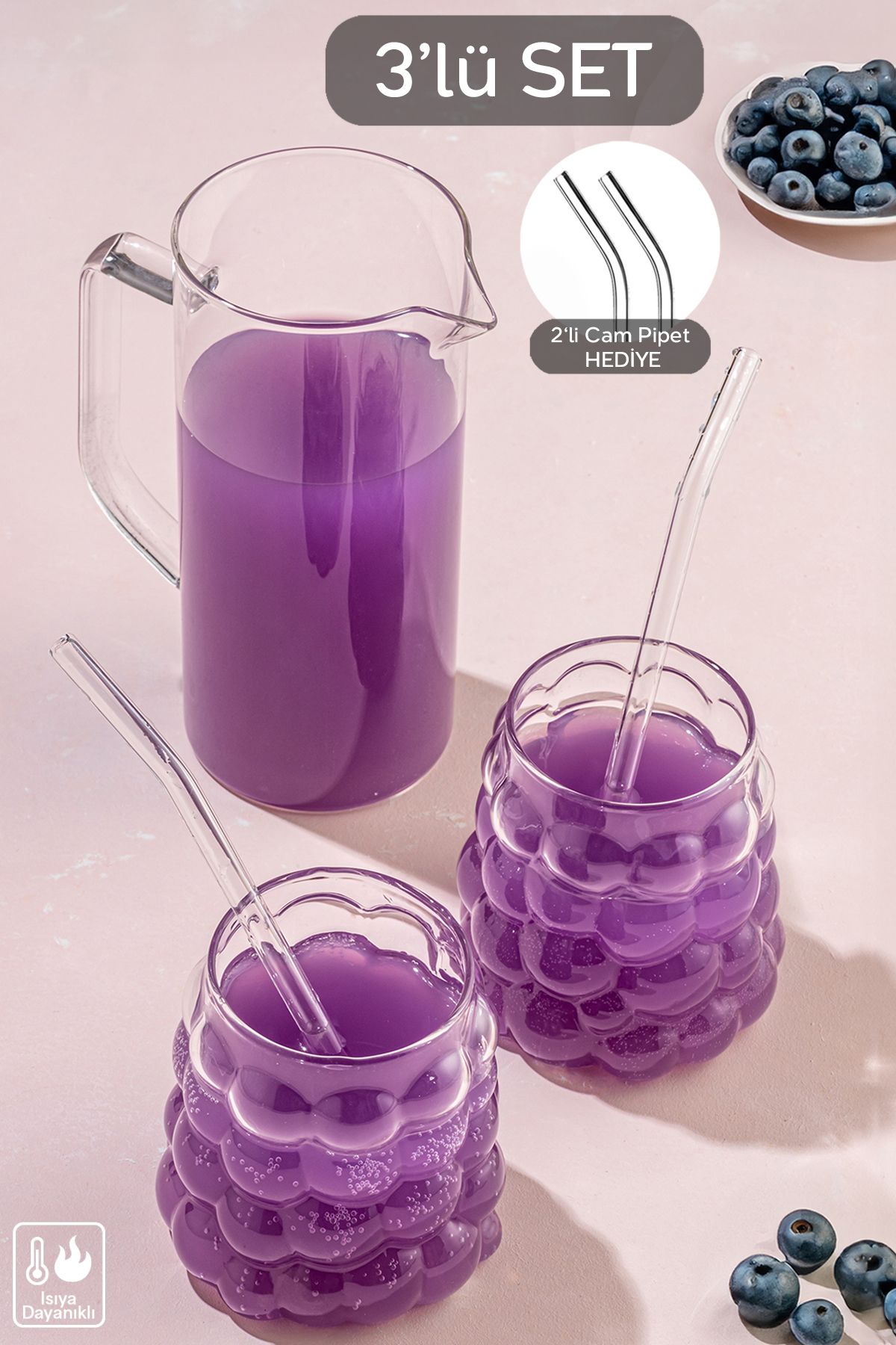 Meleni Home 3'lü Set Isıya Dayanıklı Borosilikat Edna Cam Bardak Kahve Sunum Ve Kokteyl Bardağı - Cam Sürahi