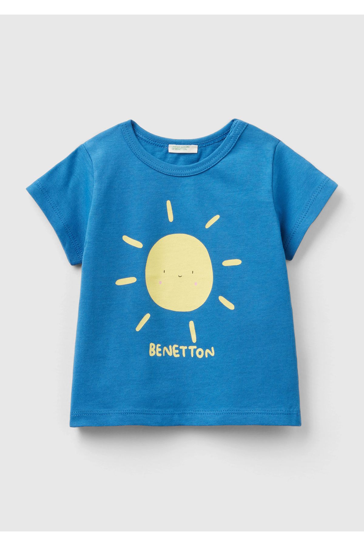 United Colors of Benetton Bebek Saks Mavi Önü Grafik Baskılı Omzu Çıtçıtlı Dekoratif Dikişli Tişört