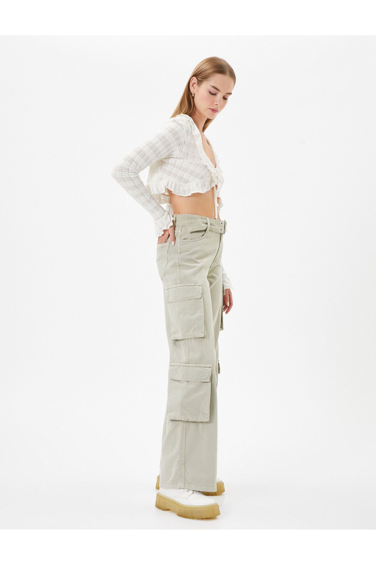Koton Kargo Pantolon Geniş Paça Normal Bel Kemer Detaylı Cepli Pamuklu - Bianca Jeans