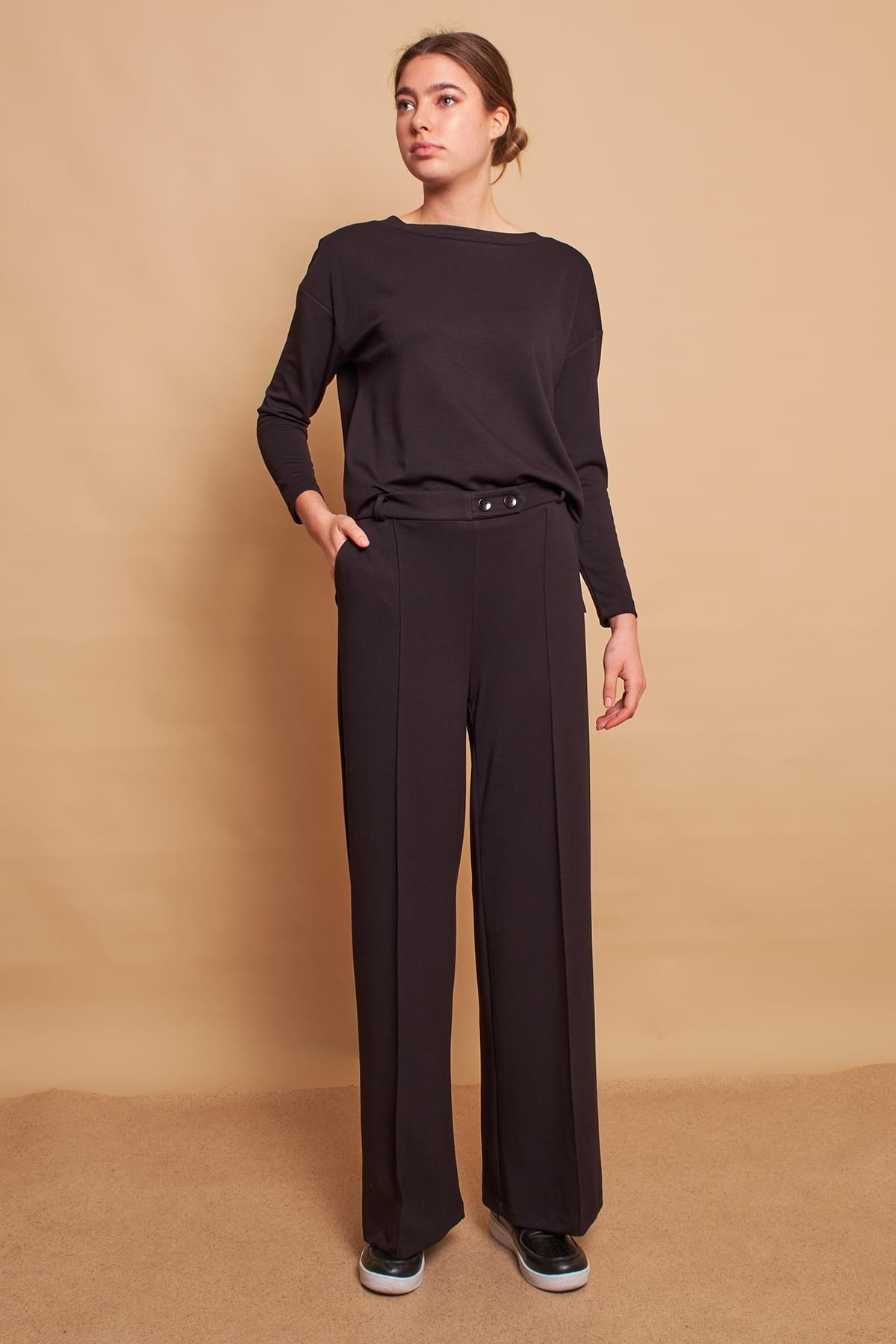 Jument Kadın Likralı Modal Kumaş Yüksek Bel Önü Dikişli Bol Paça Pantolon-Siyah