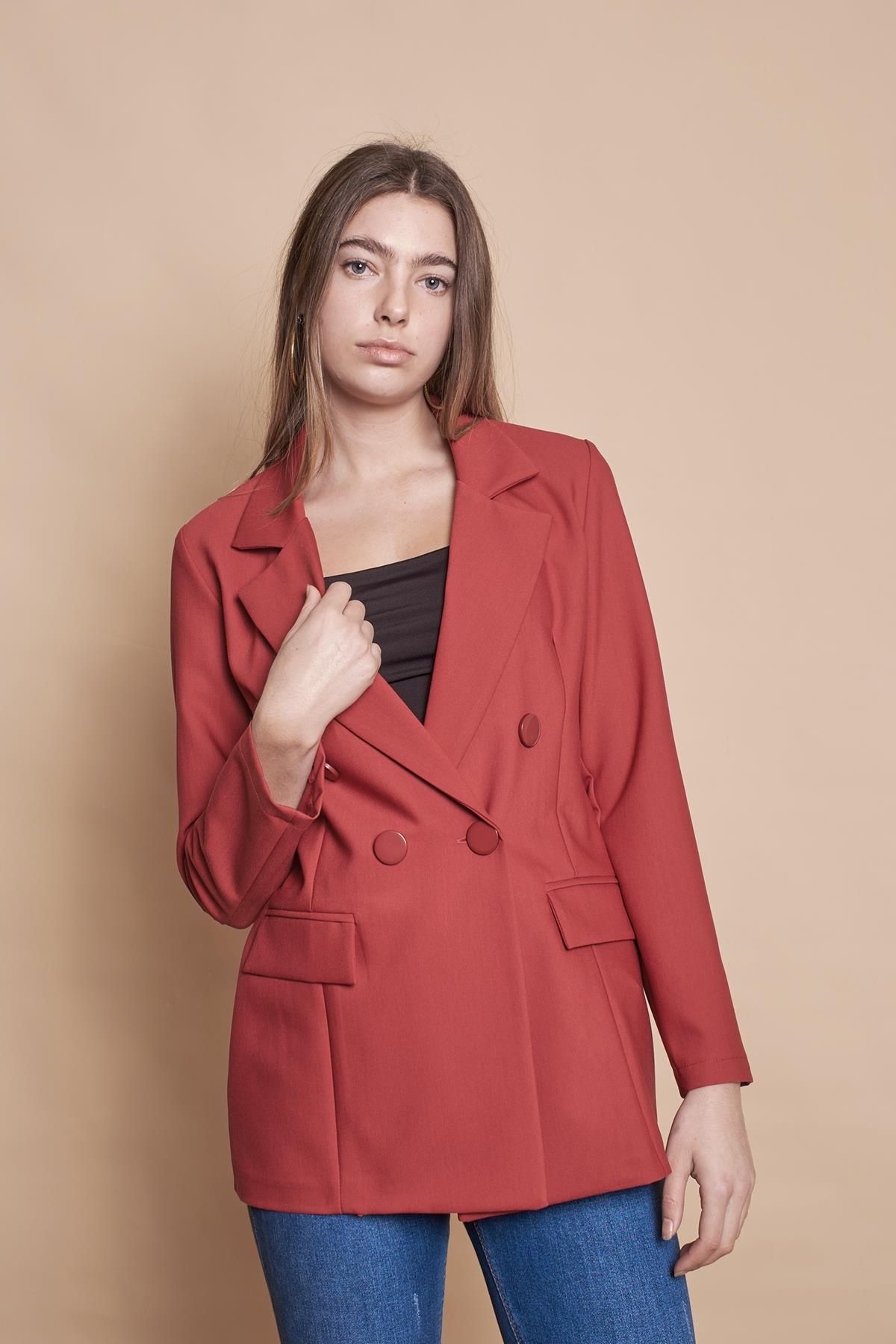 Jument Kadın Düğme Detaylı Uzun Kol Şık Ofis Süs Cep Kapaklı Kumaş Blazer Ceket -bordo