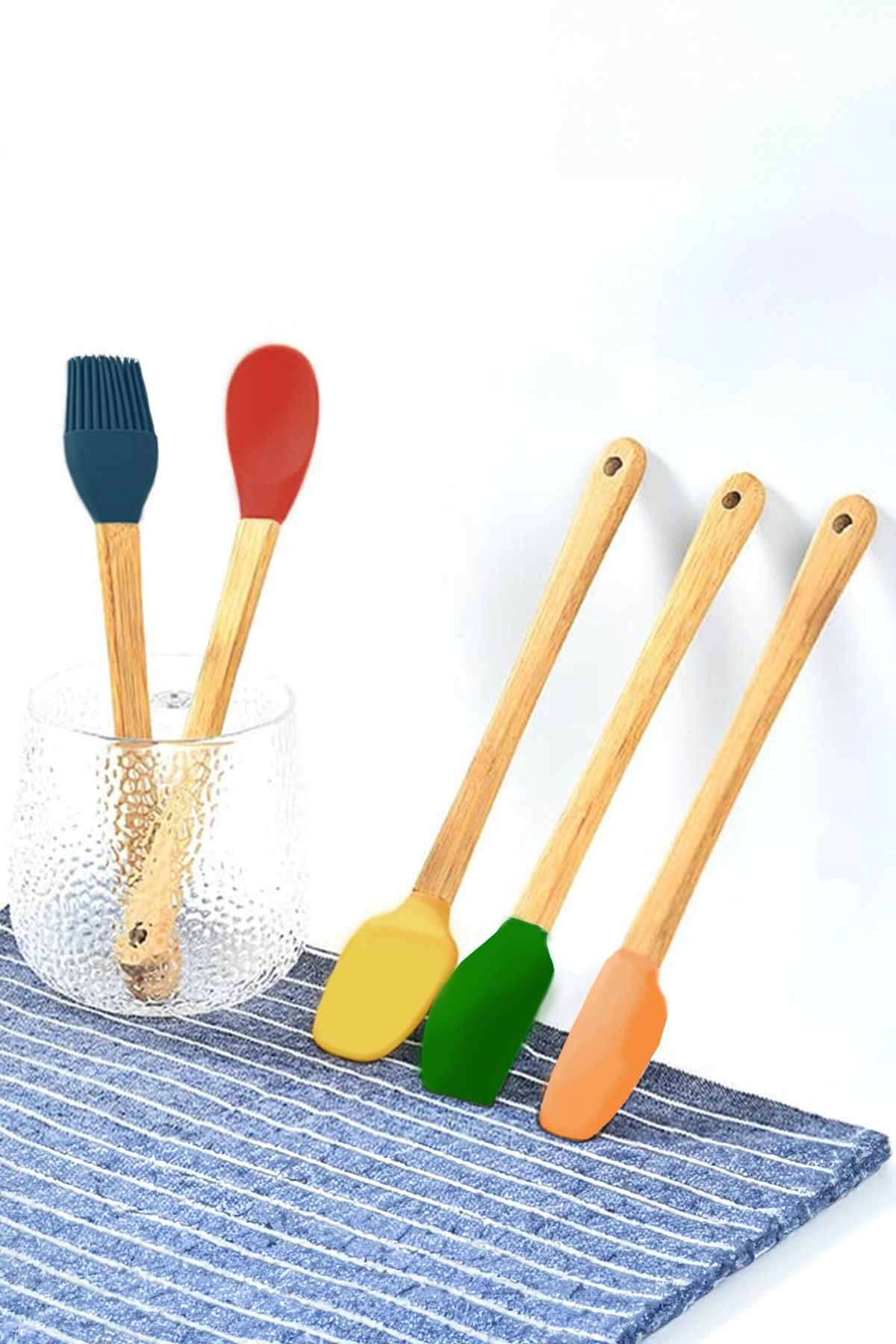 Kitchen Life 5'li Aura Bambu Saplı Silikon Spatula - Mutfak Seti - Silikon Sıyırıcı Spatula Seti