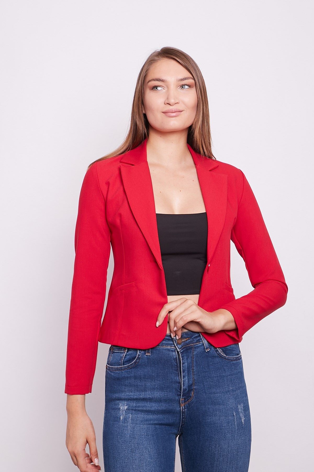Jument Yakalı Flato Cepli Uzun Kol Pamuklu Kumaş Kısa Blazer Ofis Ceket -kırmızı