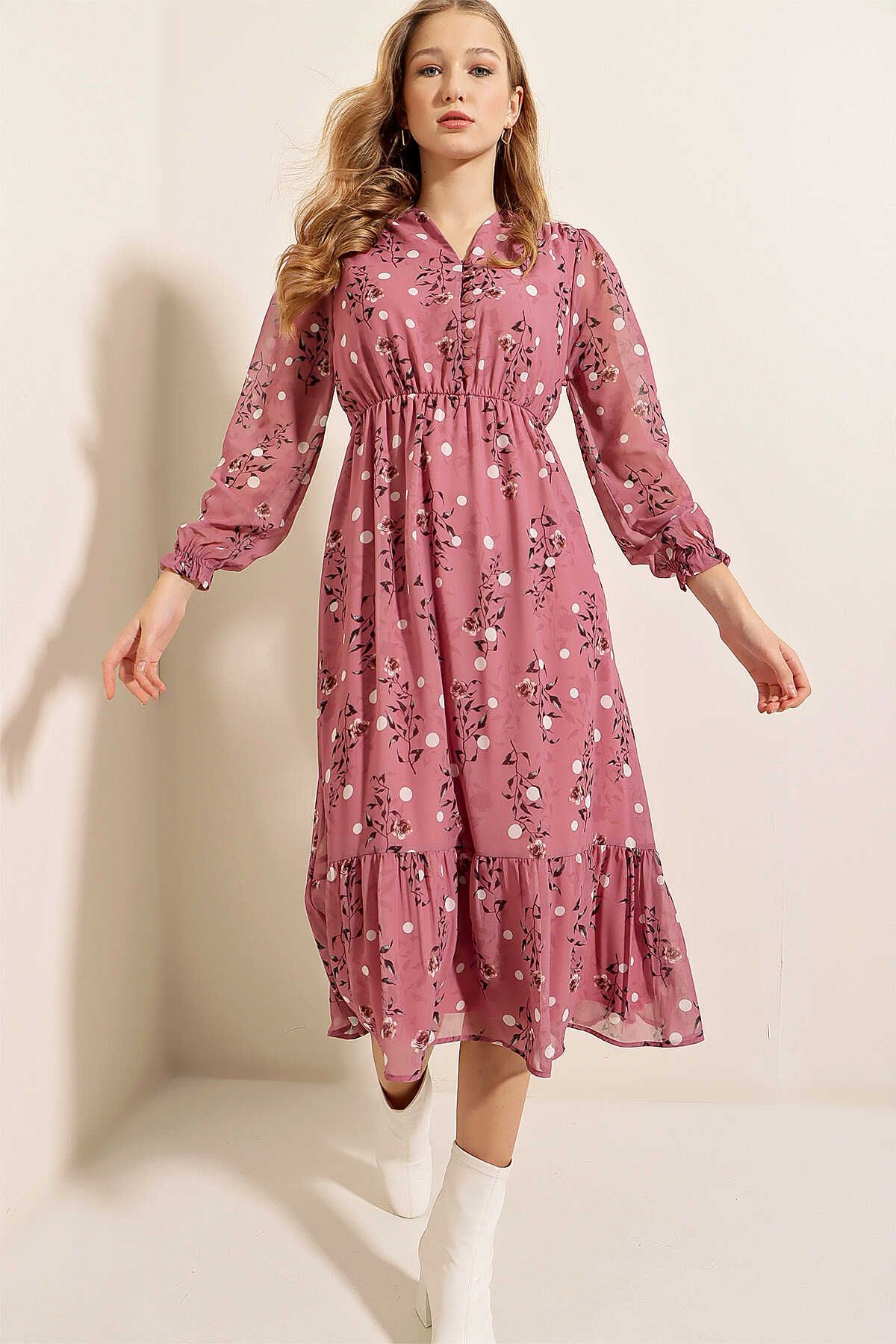 Z GİYİM Kadın Gül Kurusu Desenli Parçalı Şifon Elbise