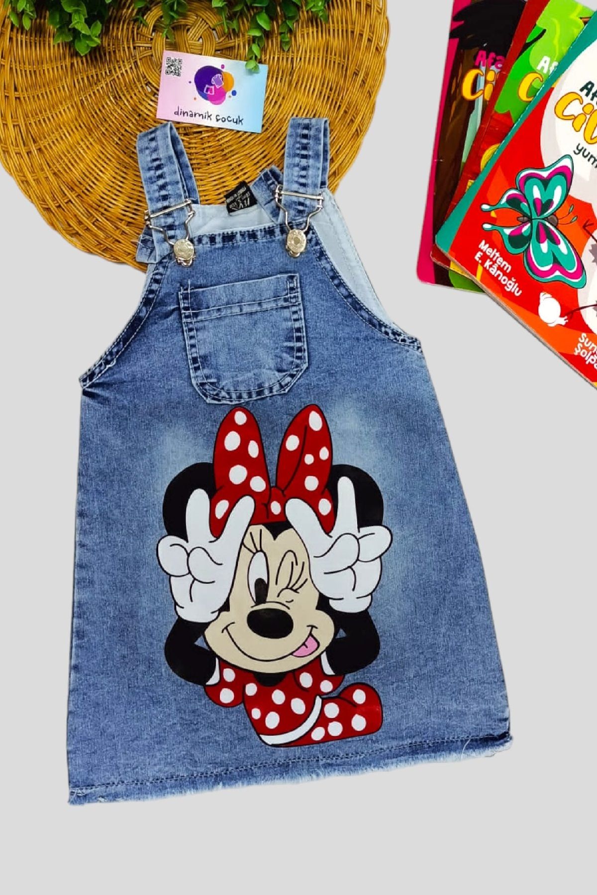 DİNAMİK Kız Çocuk Kot Jile Minnie Mouse Baskılı Denim Elbise