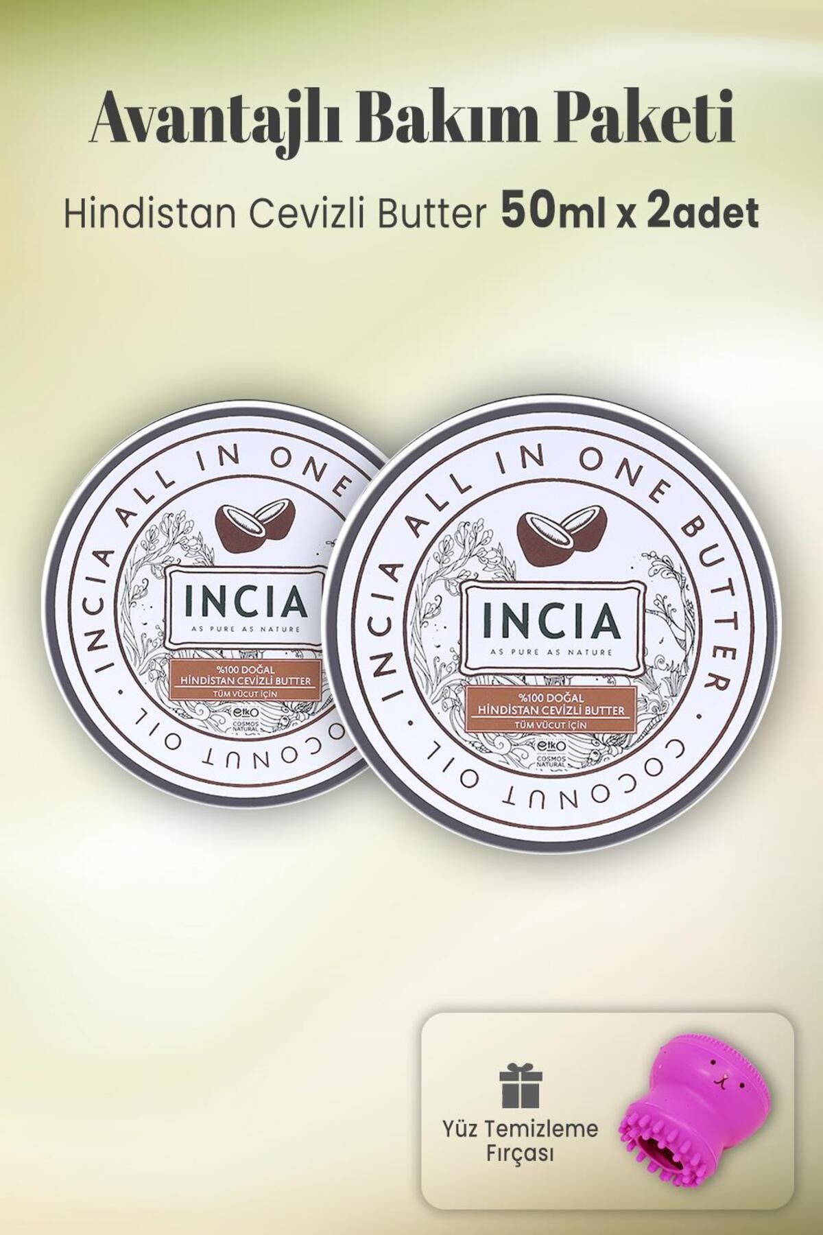 INCIA Doğal Hindistan Cevizli Butter 50 ml X 2 Adet Ve Yüz Temizleme Fırçası - Koyu Pembe