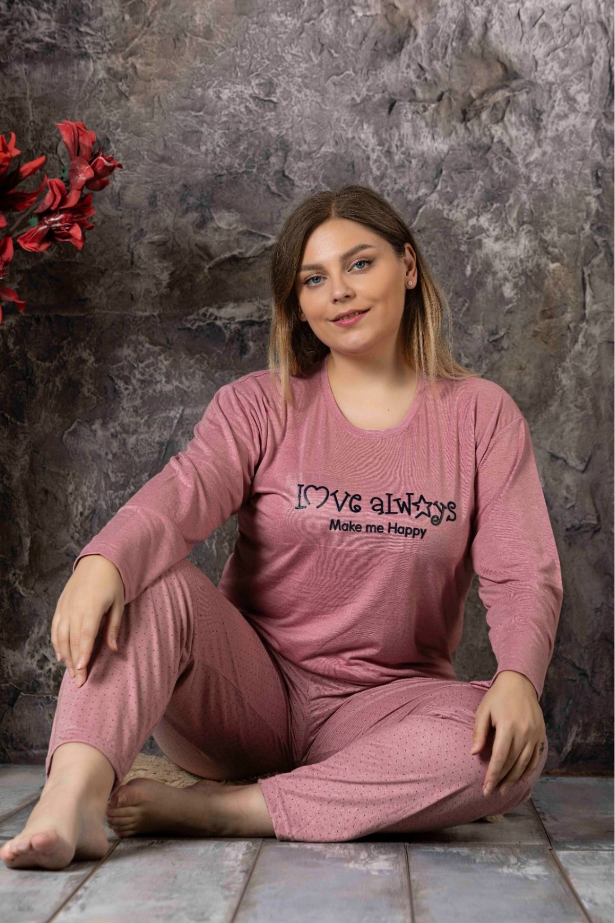 Temporium Kadın Büyük Beden Baskılı Uzun Kollu Bambu Pijama Takımı