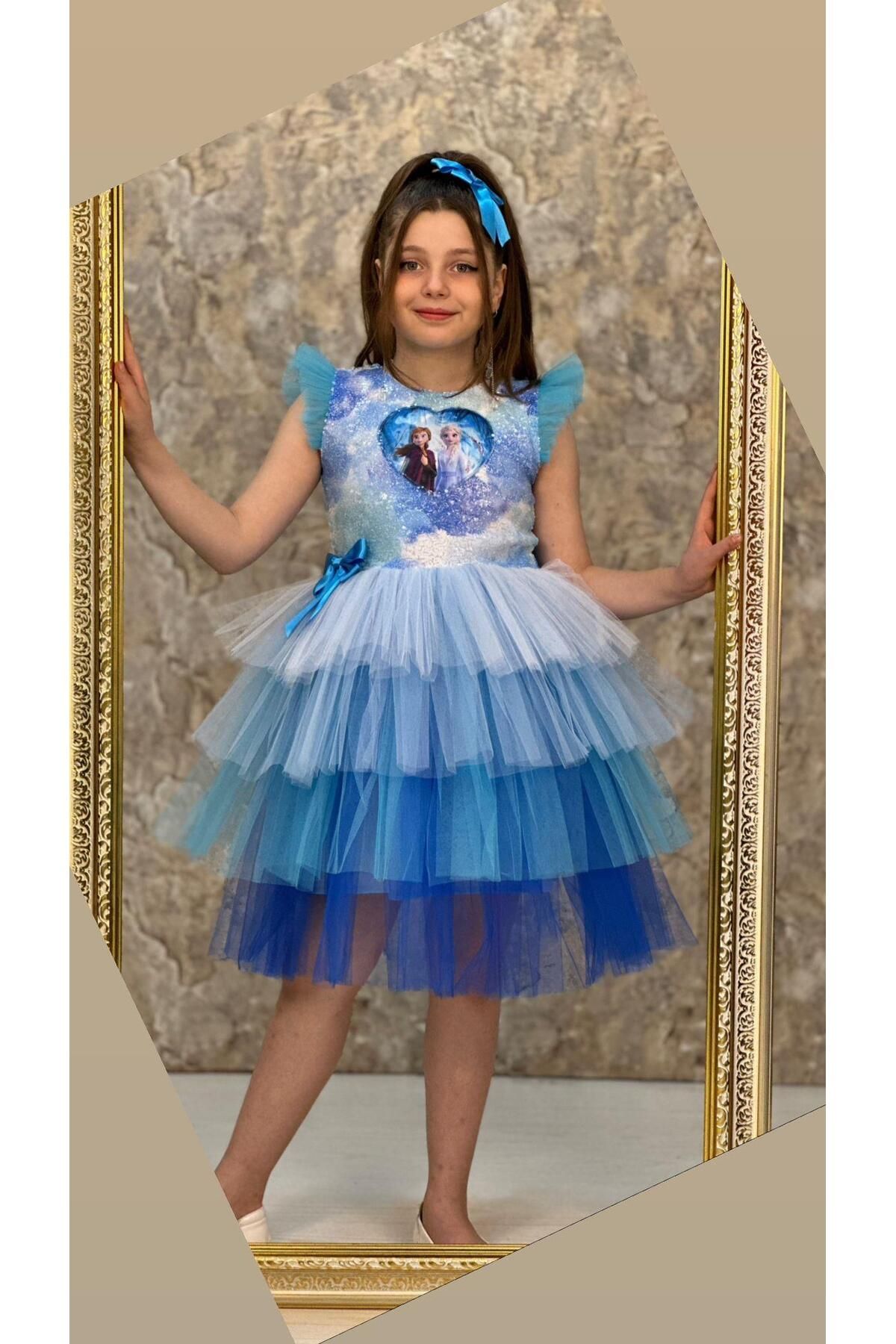 Mashotrend Tokalı Kalp Baskılı Frozen Elsa Elbisesi - Kat Kat Elsa Kostüm Elbise - Frozen Elbise Mavi Elbise