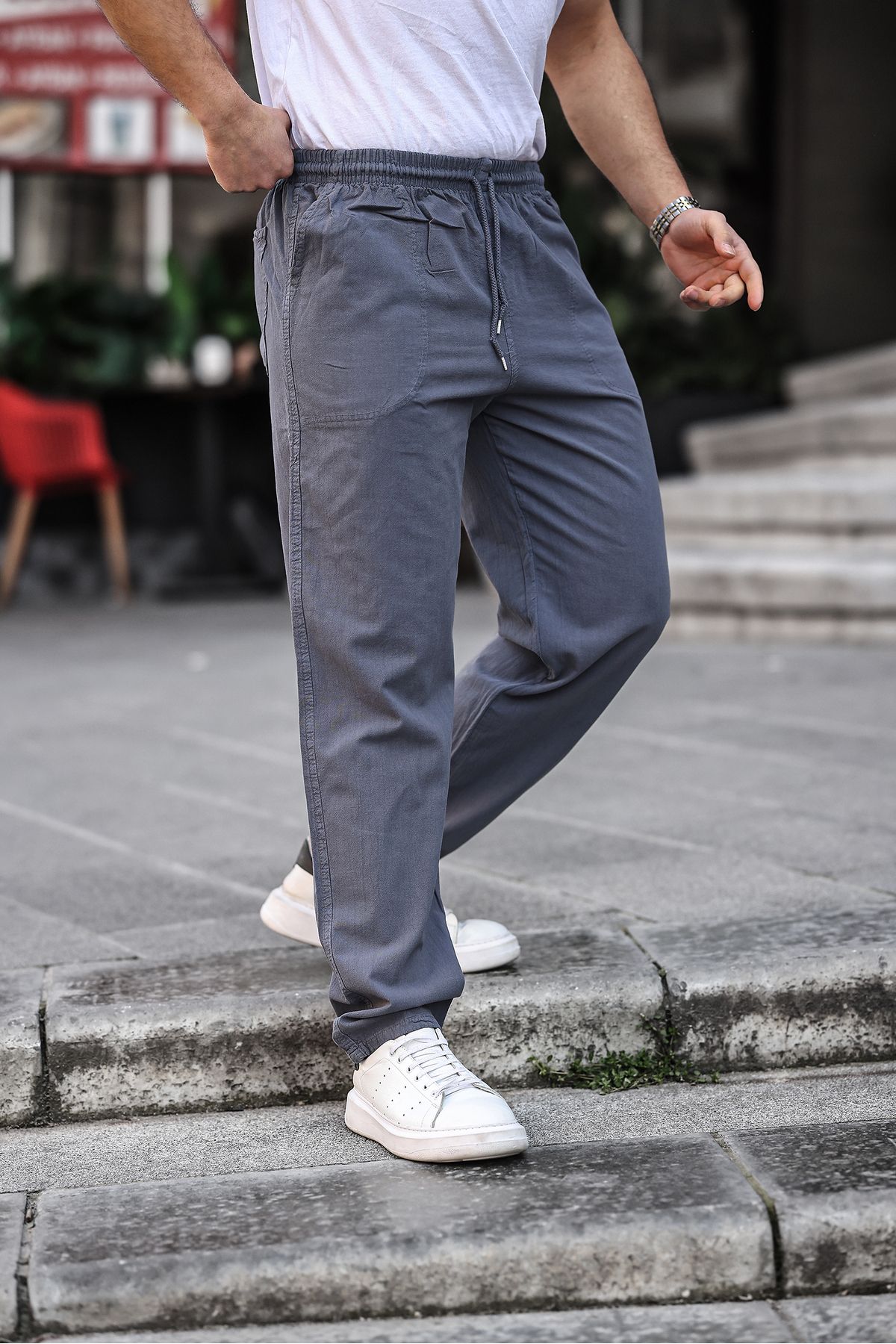 COMBİNE MİCHAİL Füme Renk Erkek Yazlık Keten Karışımı Relaxed Pantolon