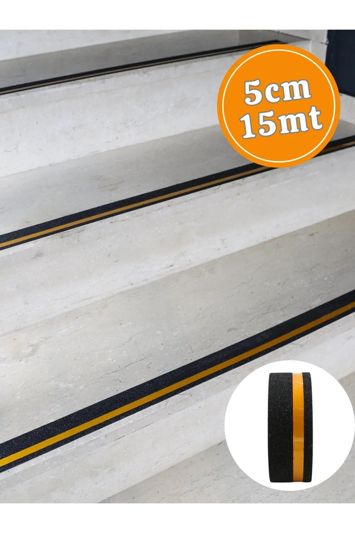 TANOBANT Merdiven Zemin Sarı Çizgili Fosforlu Kaydırmaz Bant, Arkası Yapışkanlı 1. Kalite 5 cm x 15 M