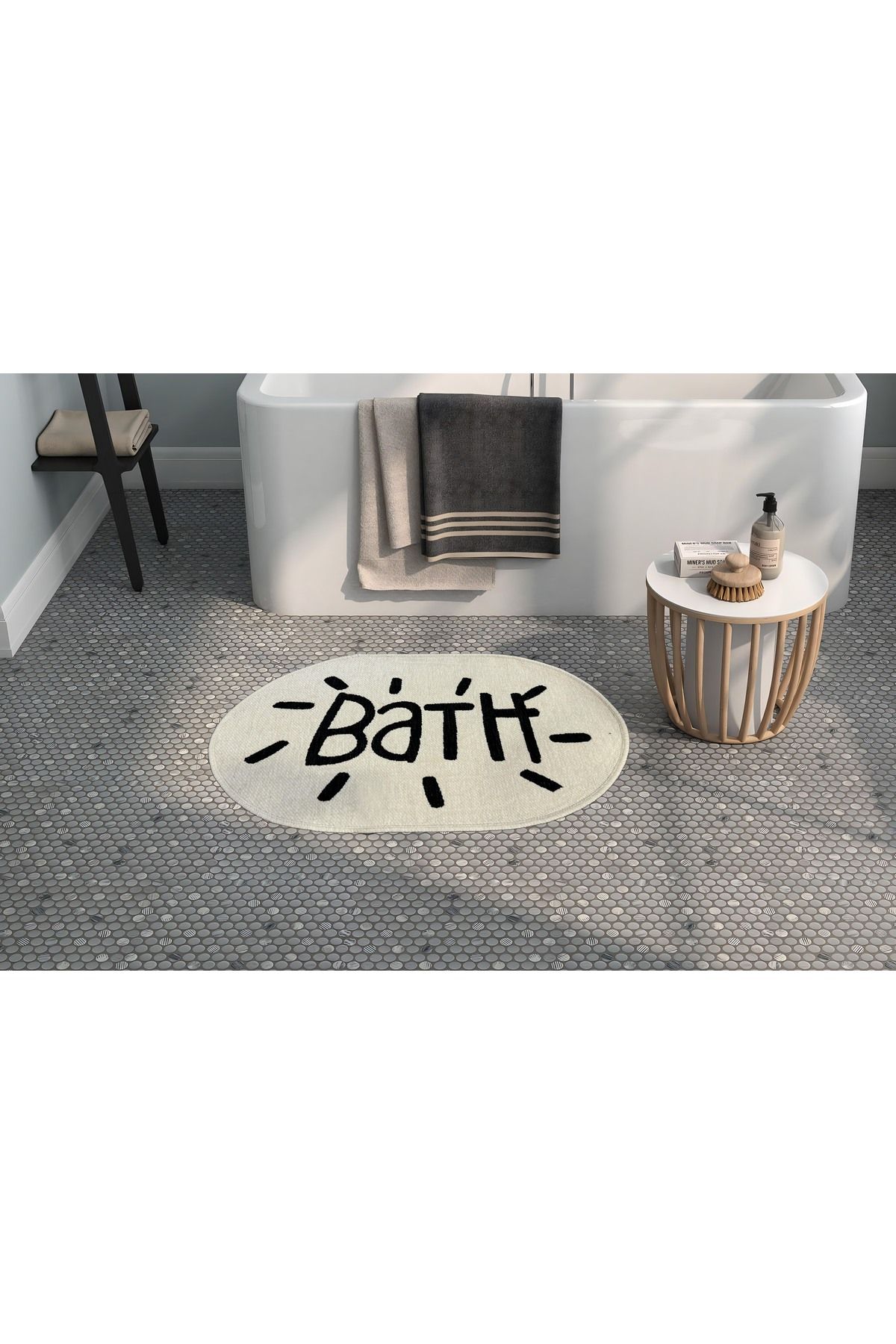 RUGSMODERN Bath Ekru Oval Siyah Yazılı Dokuma Banyo Paspası 90×57