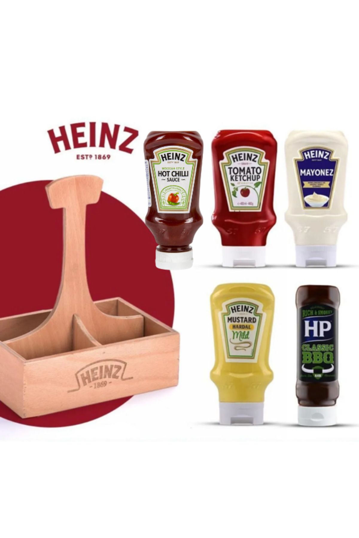 Heinz Ahşap Sosluk Hediye Paketi Hardal + Ketçap + Mayonez + Hp Barbekü + Hot Chilli Sos