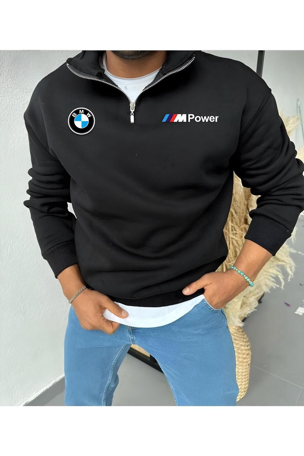 NewCabin Yarım Fermuarlı Spor Baskılı Pamuklu Tekli Sweatshirt