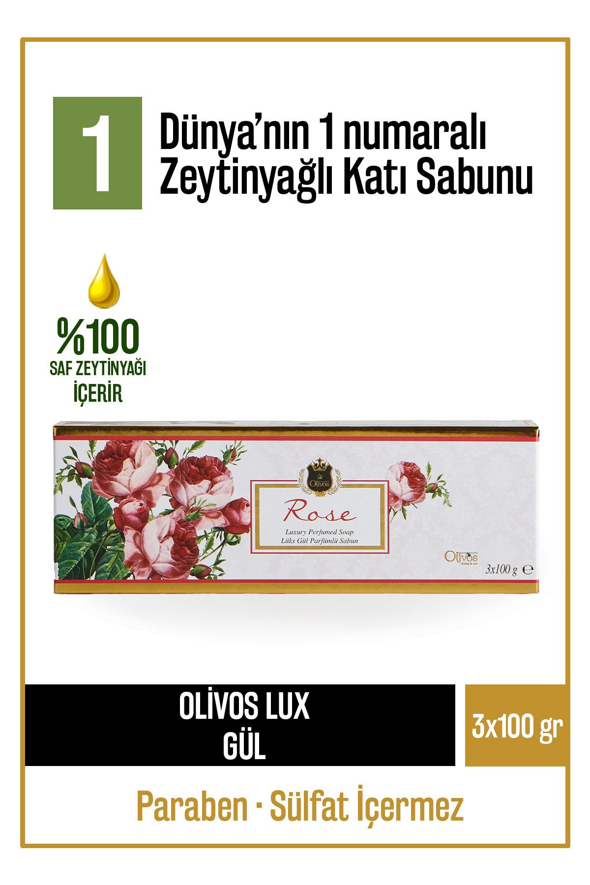 Olivos Doğal Lux Gül Ve Zeytinyağlı Katı Sabun Zeytinyağı El Sabunu Yoğun Nemlendirici 3 Adet 100 gr