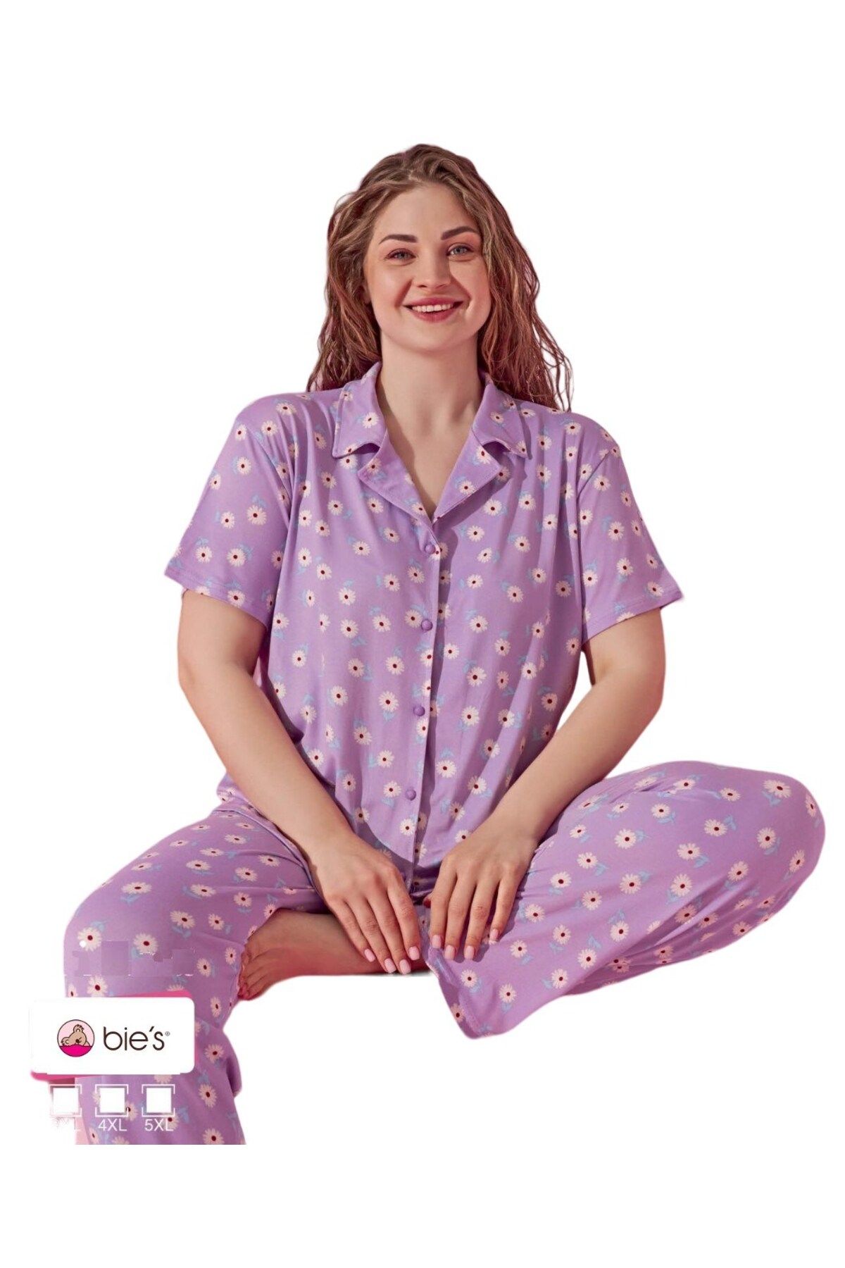 bie's Lila Papatya Düşük Kol Önden Düğmeli Kısa Kol Viskon Gömlek Yaka Büyük Beden Curve Pijama Takımı