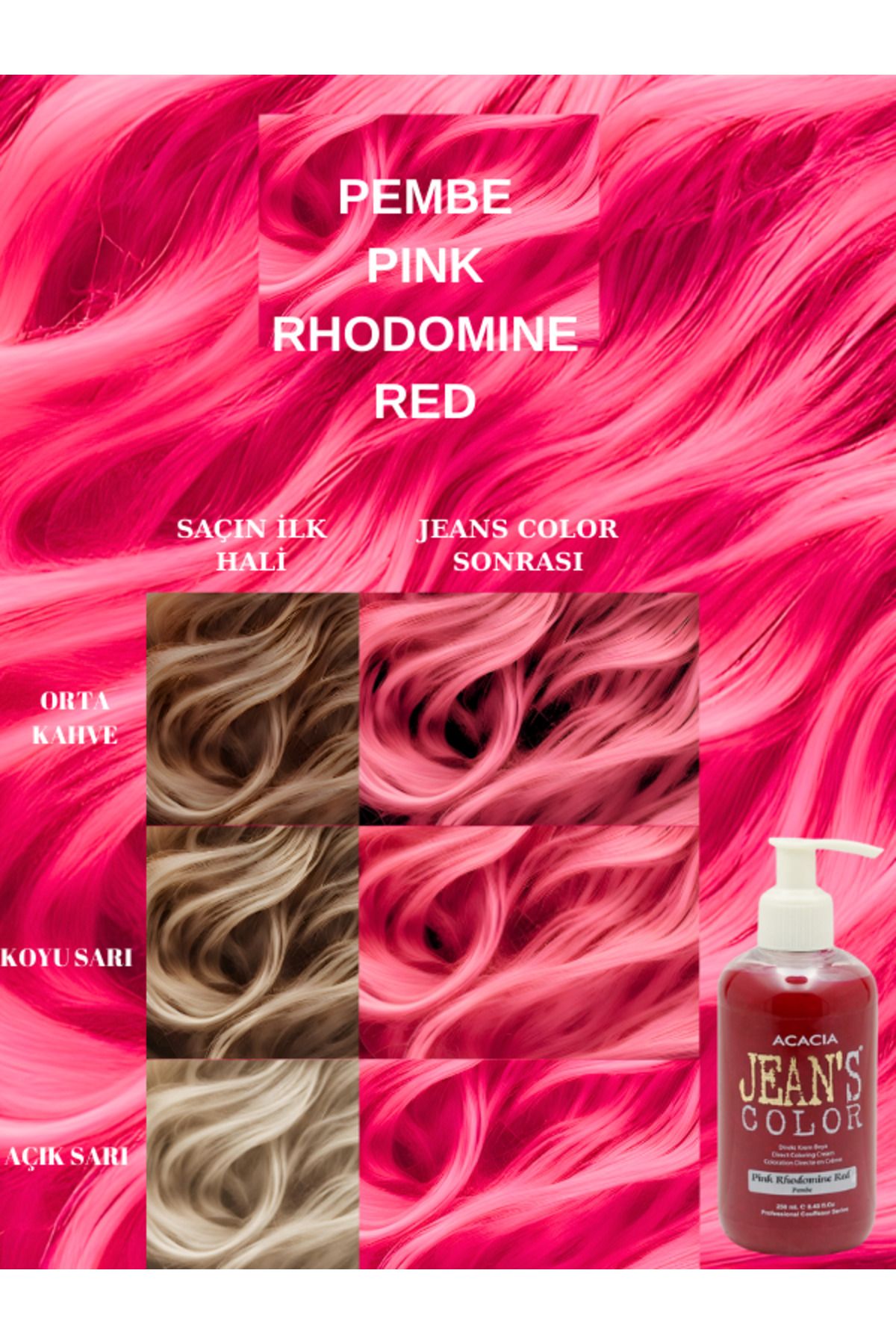 jeans color Amonyaksız Pembe Renkli Saç Boyası 250 ml Kokusuz Su Bazlı Pink Rhodomine Red Hair Dye