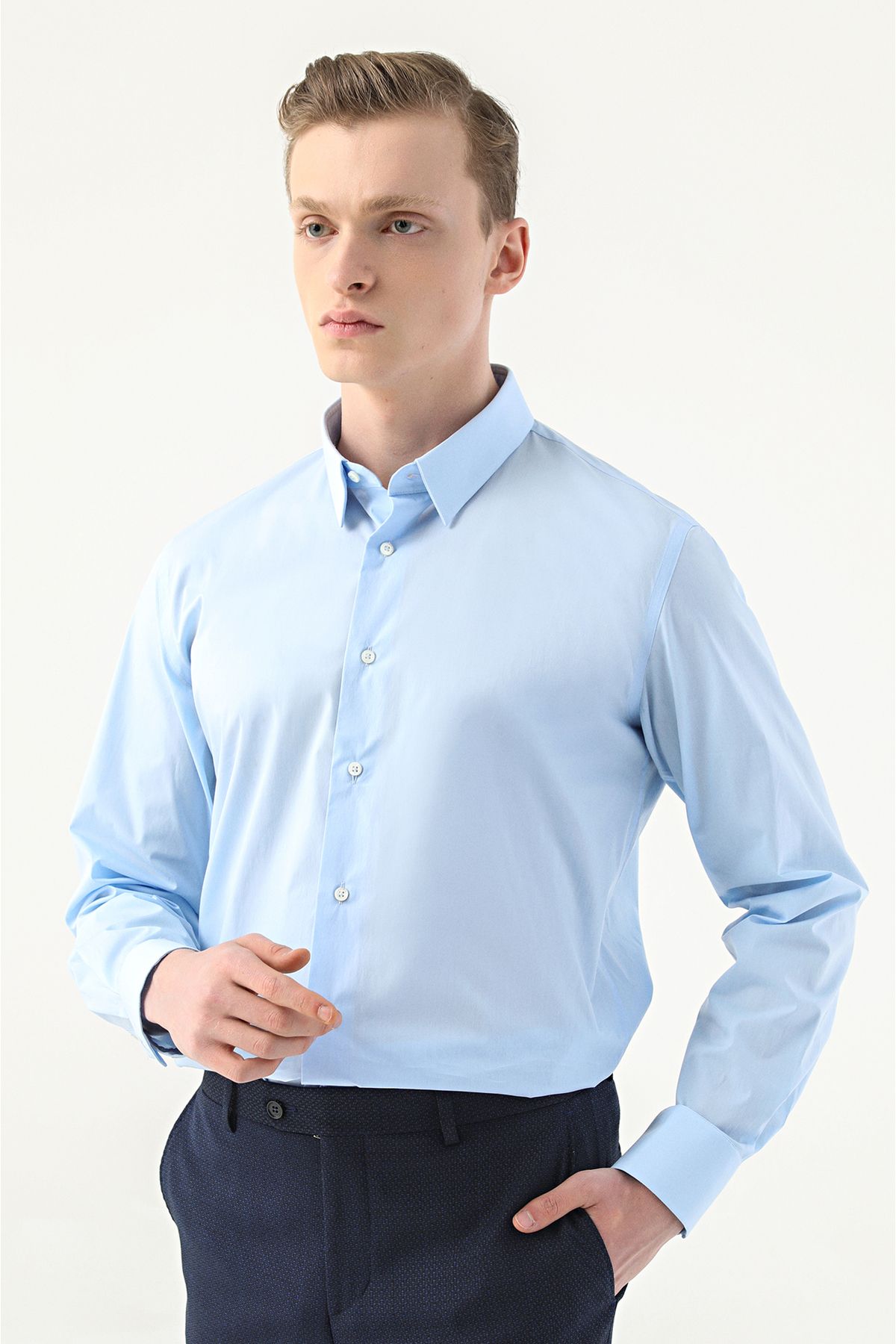 Damat Slim Fit Mavi Düz Pamuk Karışımlı Likralı Gömlek