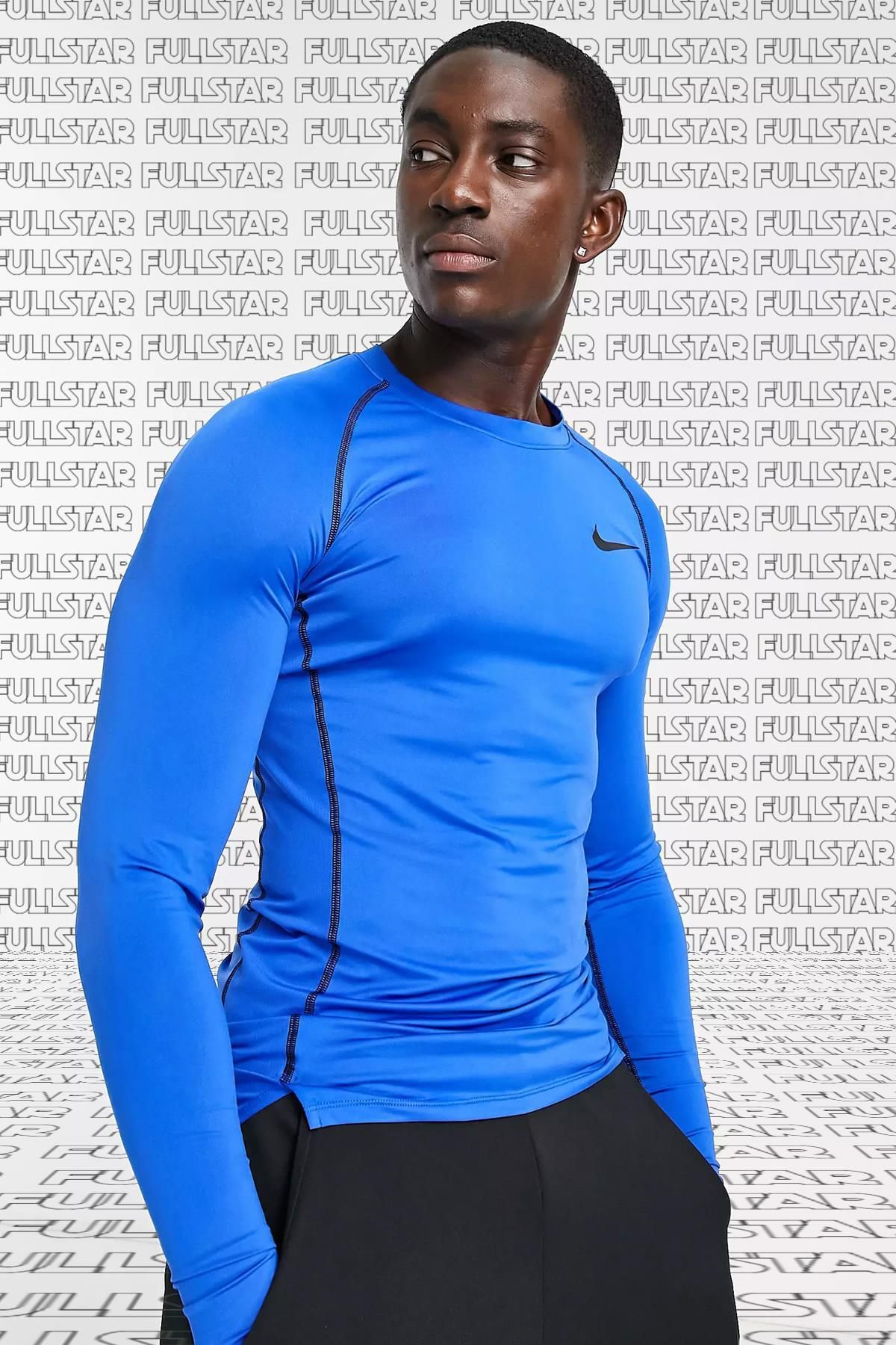 Nike Pro Dri Fit Men's Tight Fit Top Slim Fit Uzun Kollu Sweatshirt Body Sax Mavi