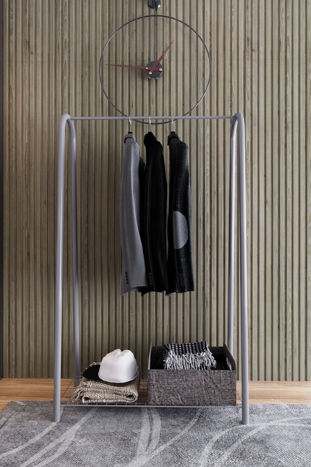 TOPRAK E-TİCARET Elit-1 Gri Metal 1 Raflı Askılık Çok Amaçlı Dekoratif Portmanto Elbise Askılığı ve Ayakkabılık