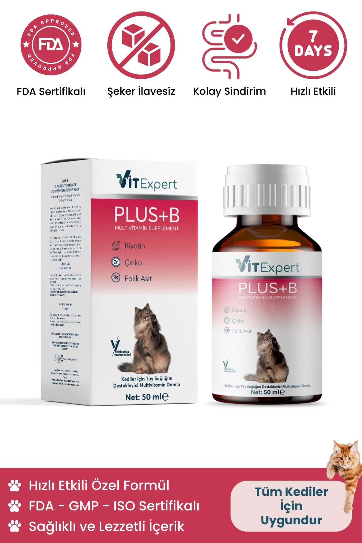 Vitexpert Plus B Tüm Kediler Için Tüy Dökülmesi Önleyici Tüy Sağlığı Destekleyici Multi Vitamin Damla 50 Ml
