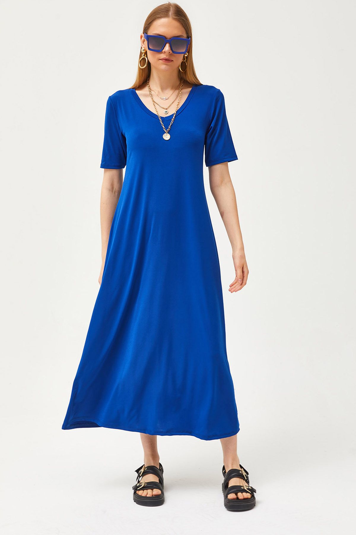Olalook Kadın Saks Mavi V Yaka Salaş Maxi Elbise ELB-19002076