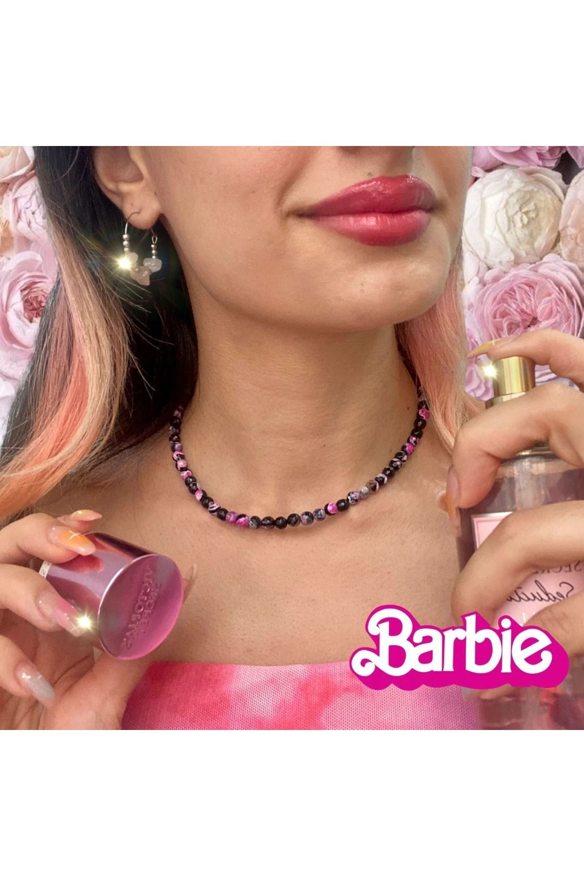Elifsu Jewelry Pembe ve Siyah Akik 6mm Taşlı Barbie Kolye