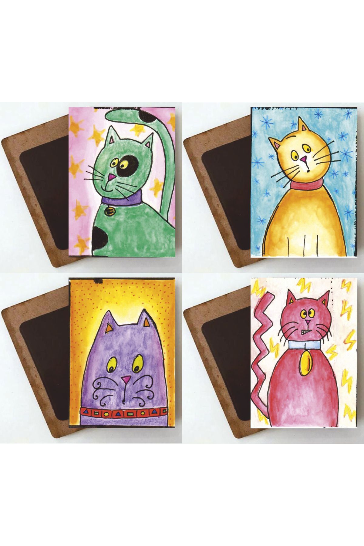 Hayat Poster renkli sevimli eğlenceli kediler 4lü ahşap magnet buzdolabı süsü seti
