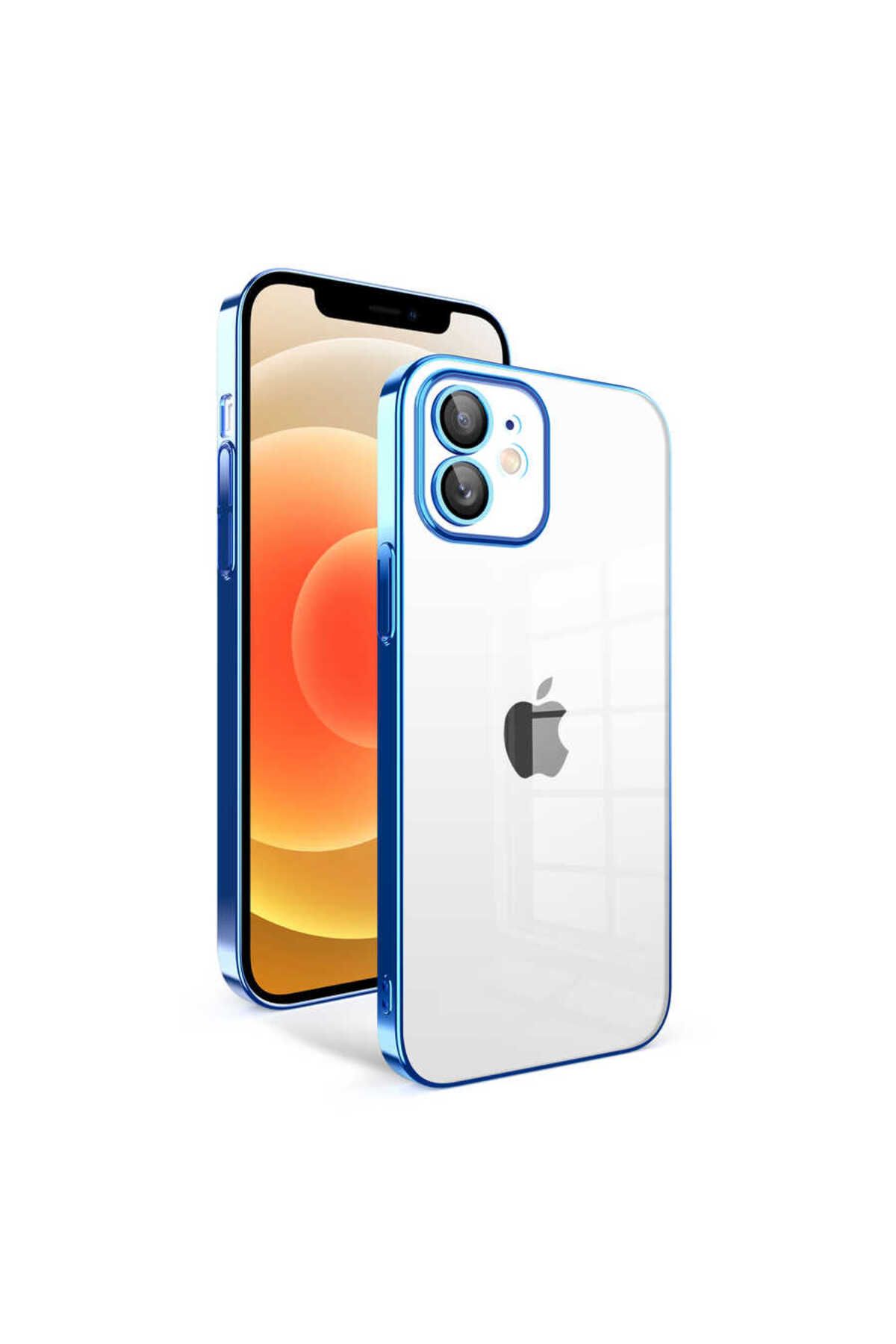 Wubry iPhone 12 Uyumlu Kamera Korumalı Renkli Çerçeveli Wubry Garaj Kapak-Saks Mavi