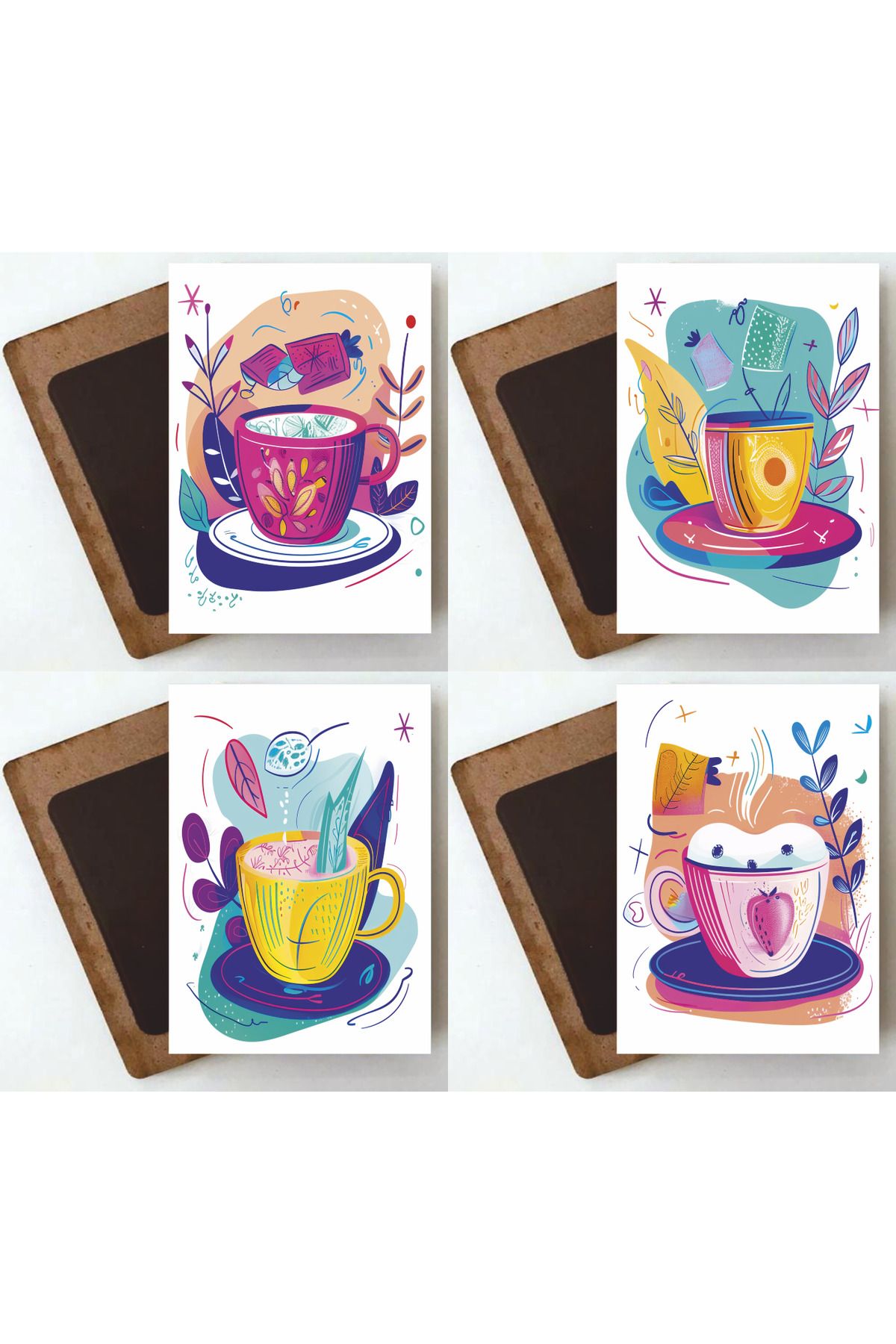 Hayat Poster Renkli Çiçekli Çay Kahve Fincanı Görselli Ev Mutfak Dekorasyon 4 lü Ahşap Magnet Buzdolabı Süsü Seti