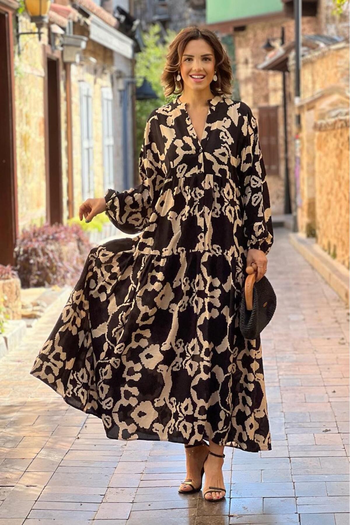 Nevin Kaya Moda Siyah Firdevs Desenli Elbise